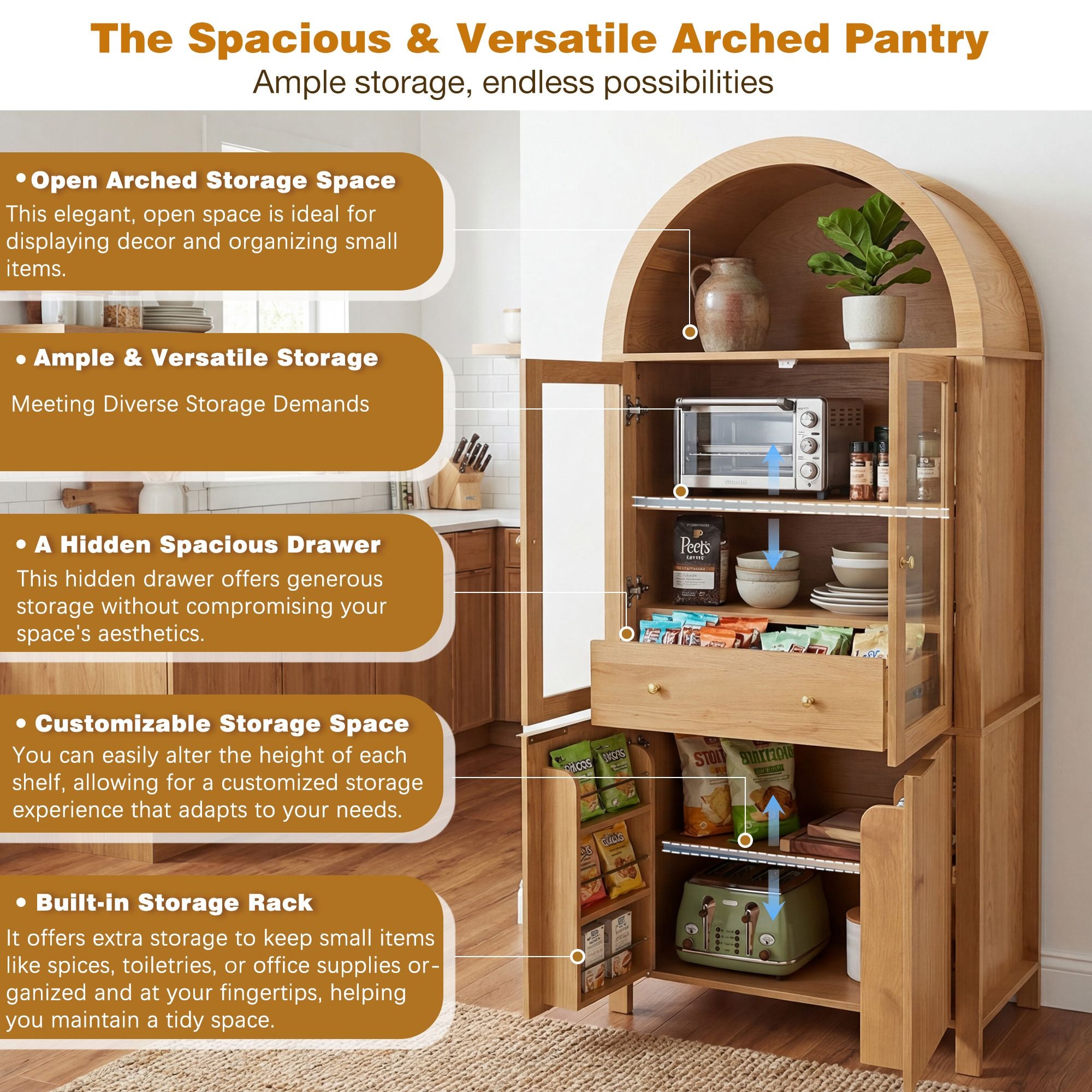 Fluted Tall Pantry Cabinet with Adjustable Shelves and Glass Doors