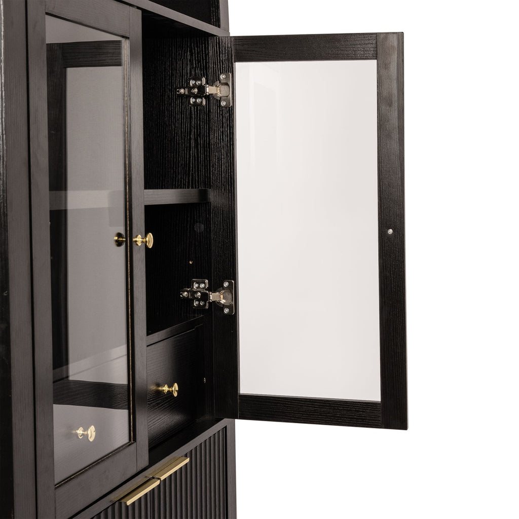 Fluted Tall Pantry Cabinet with Adjustable Shelves and Glass Doors
