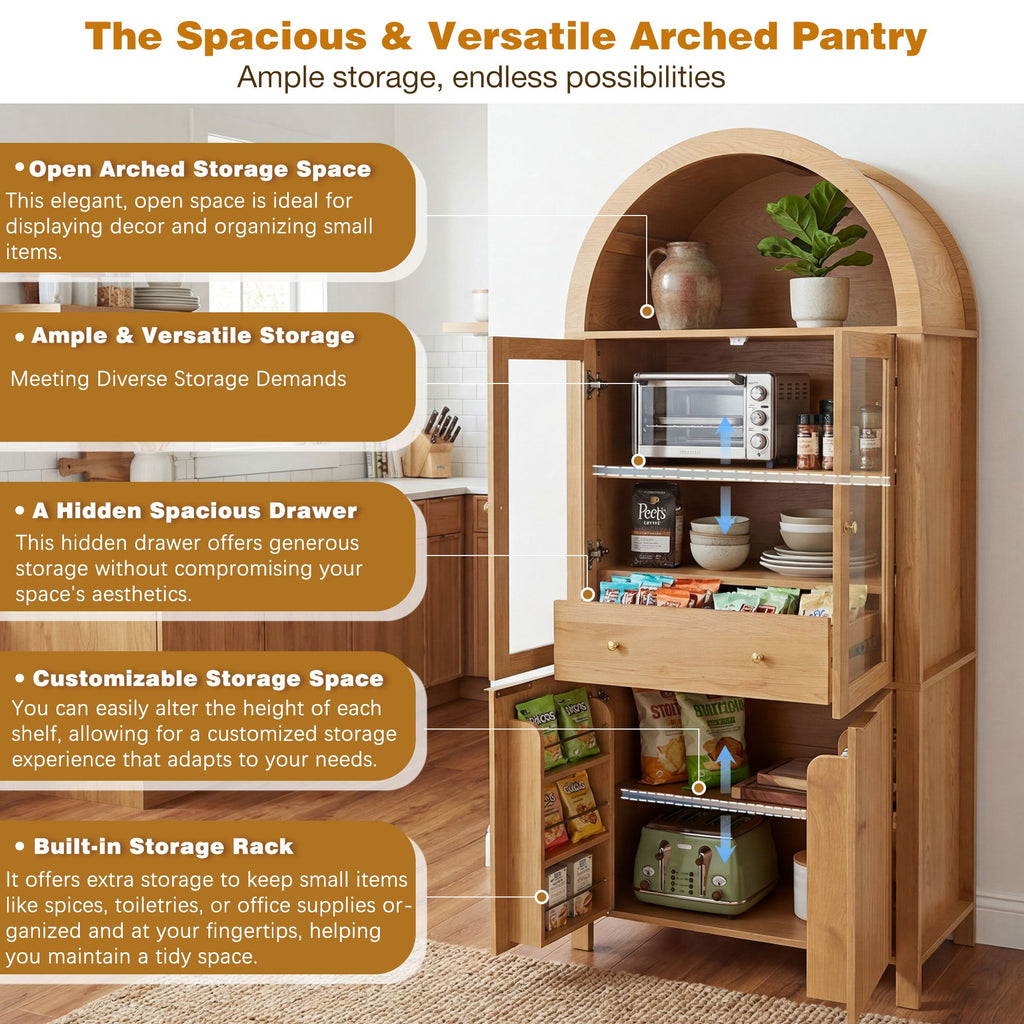 Elegant Fluted Pantry Cabinet with Adjustable Shelves & Glass Door
