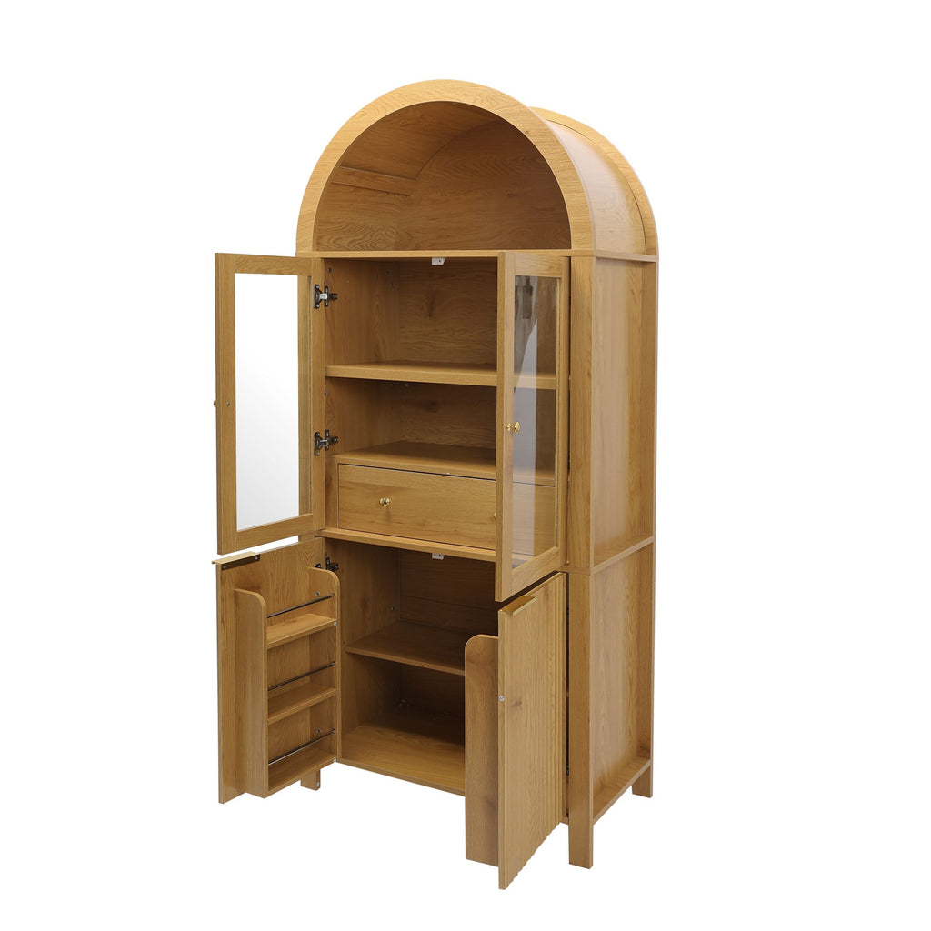 Fluted Tall Pantry Cabinet with Adjustable Shelves and Glass Doors