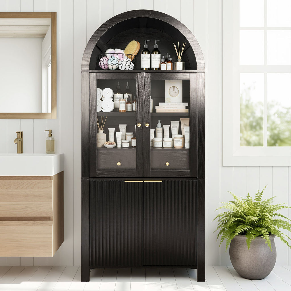 Fluted Tall Pantry Cabinet with Adjustable Shelves and Glass Doors