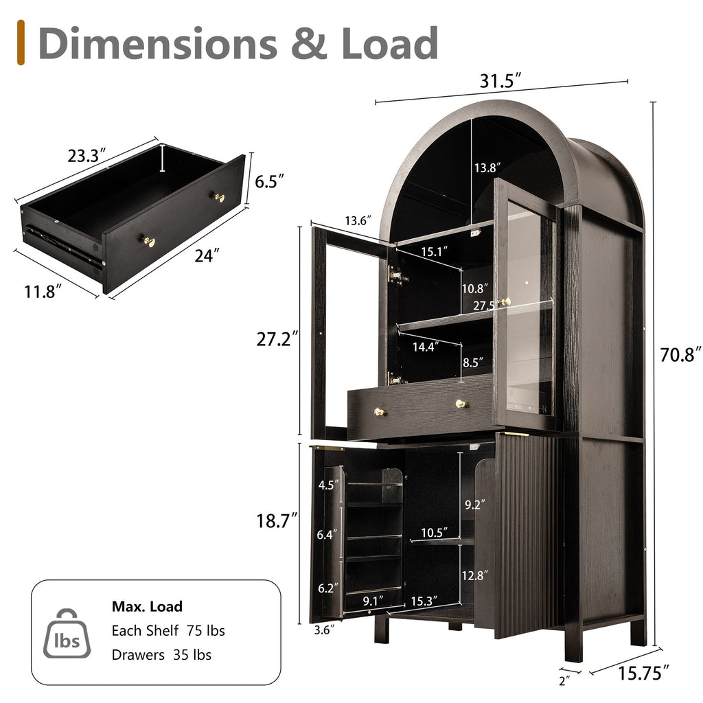 Fluted Tall Pantry Cabinet with Adjustable Shelves and Glass Doors