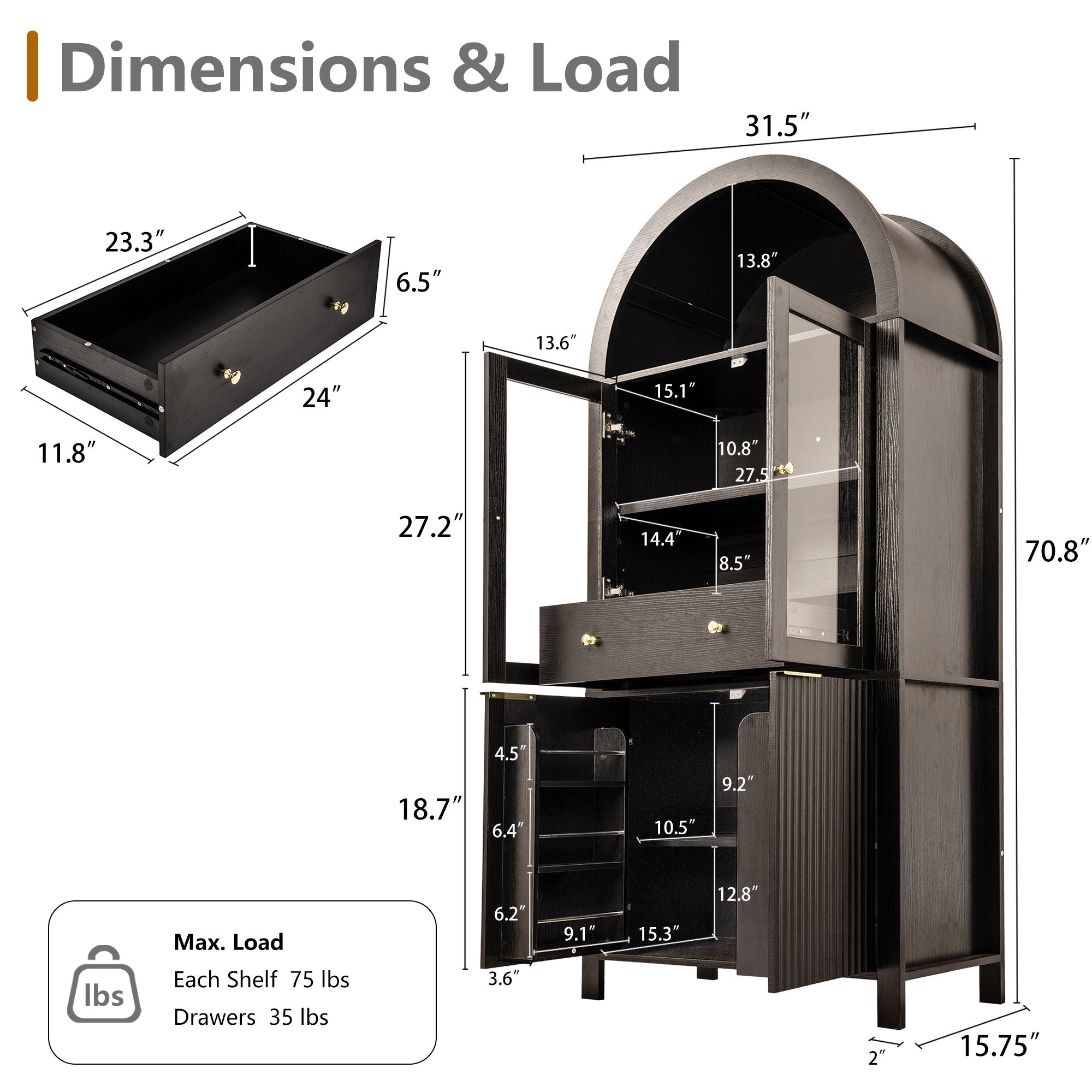Fluted Tall Pantry Cabinet with Adjustable Shelves and Glass Doors