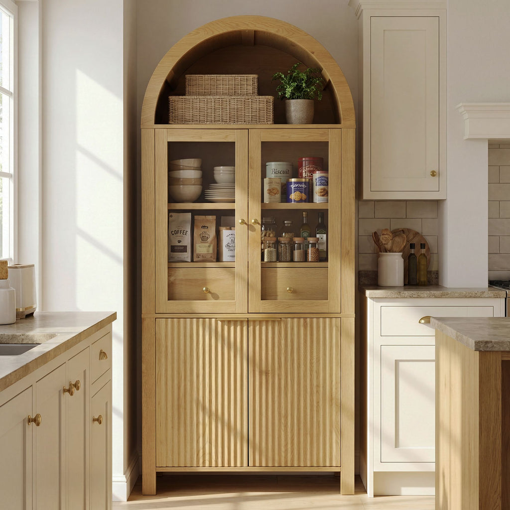 Fluted Tall Pantry Cabinet with Adjustable Shelves and Glass Doors - Oak