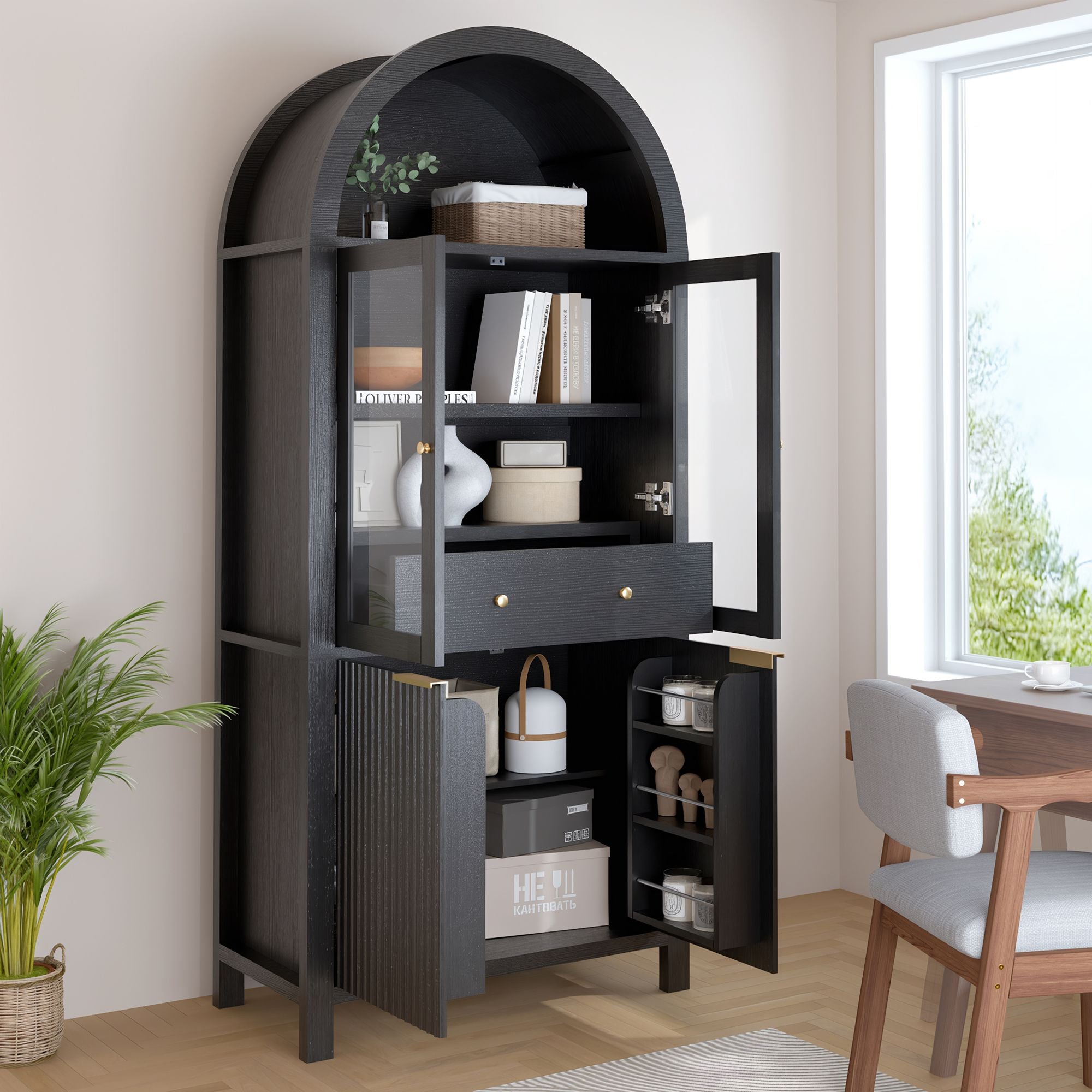 Elegant Fluted Pantry Cabinet with Adjustable Shelves & Glass Door