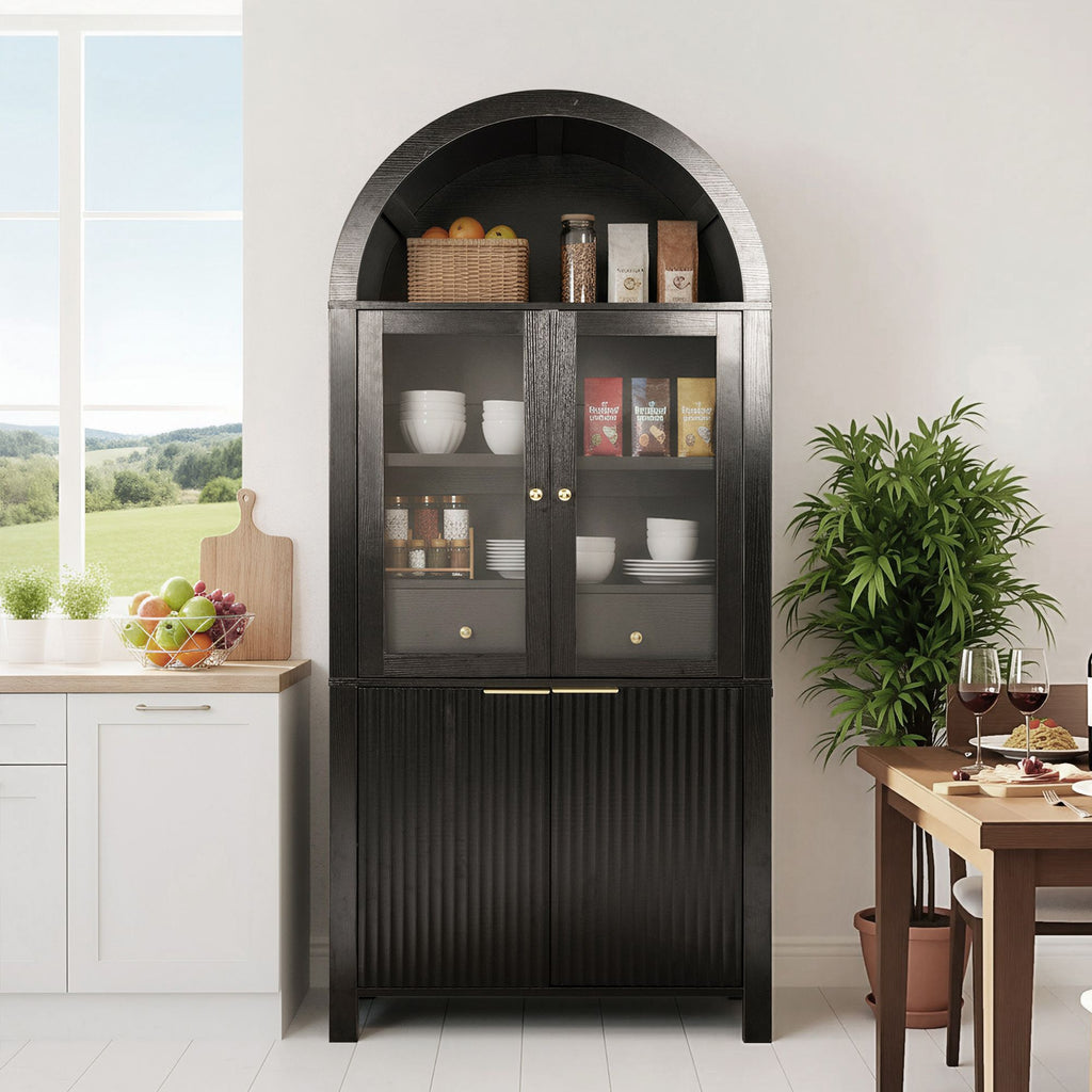Elegant Fluted Pantry Cabinet with Adjustable Shelves & Glass Door