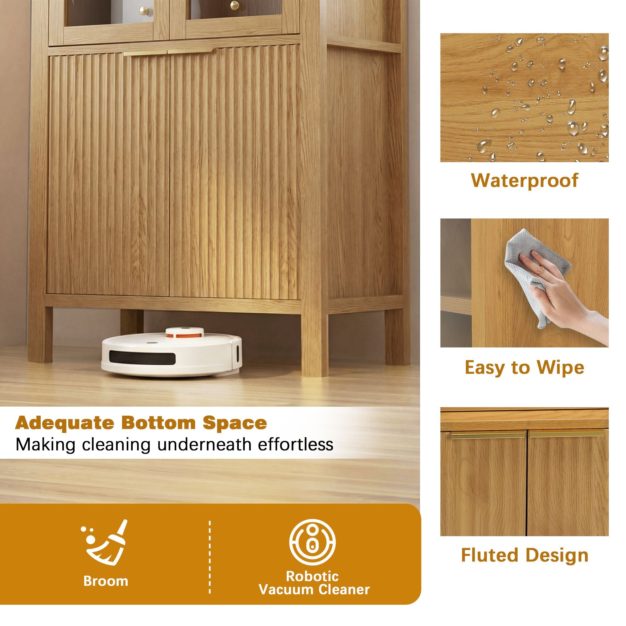 Fluted Tall Pantry Cabinet with Adjustable Shelves and Glass Doors