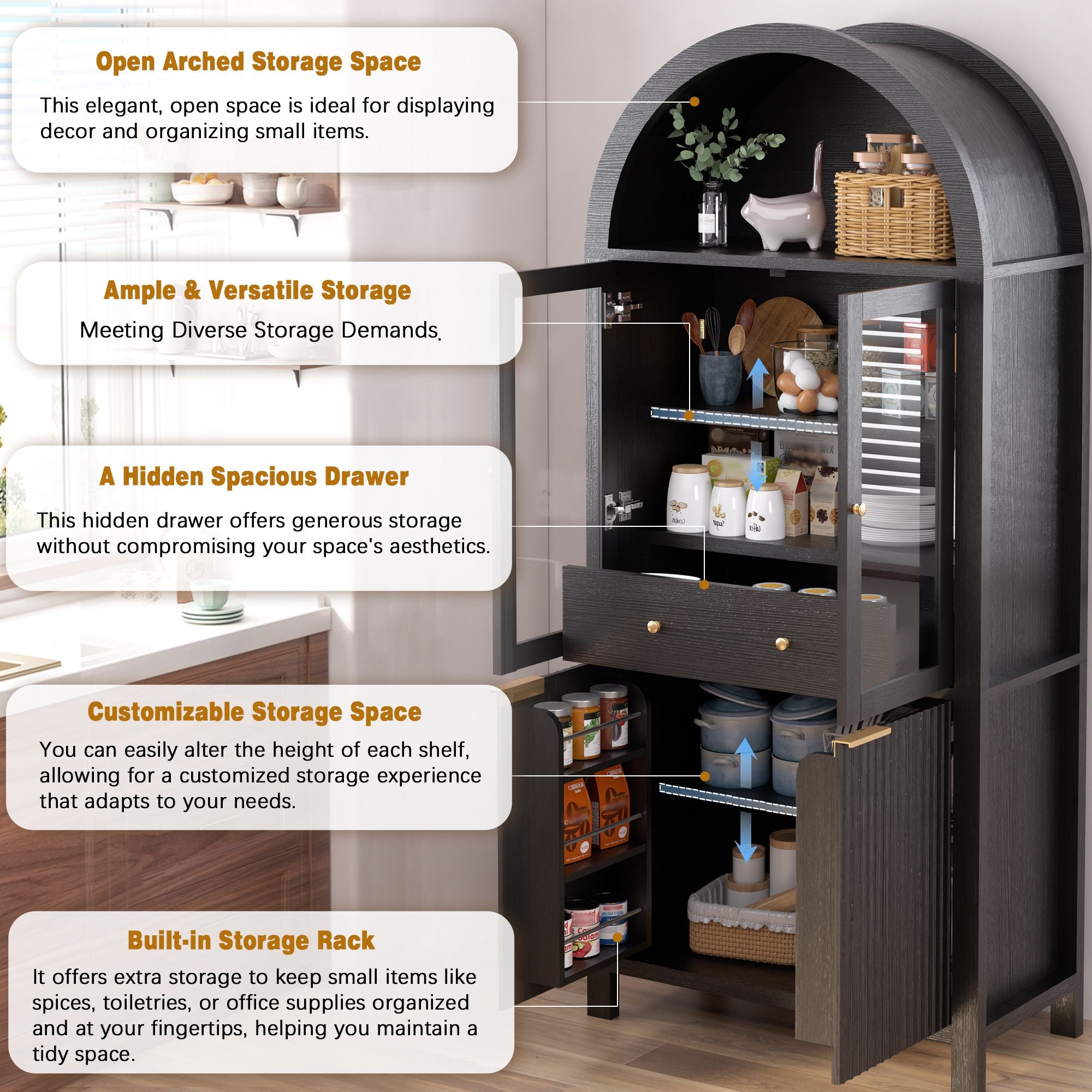 Fluted Tall Pantry Cabinet with Adjustable Shelves and Glass Doors