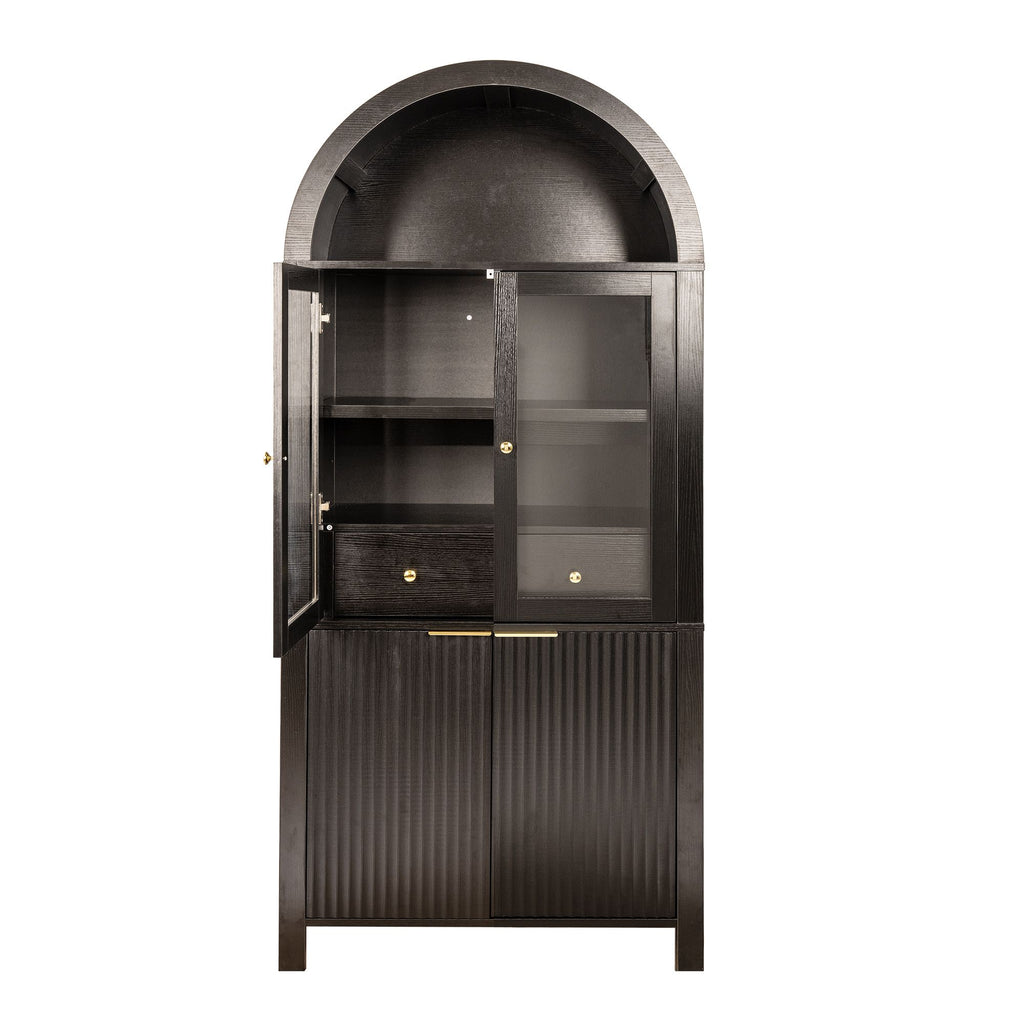 Fluted Tall Pantry Cabinet with Adjustable Shelves and Glass Doors