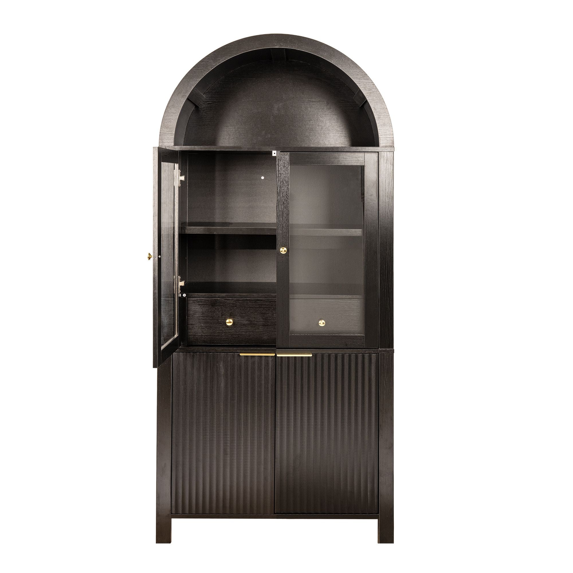 Fluted Tall Pantry Cabinet with Adjustable Shelves and Glass Doors