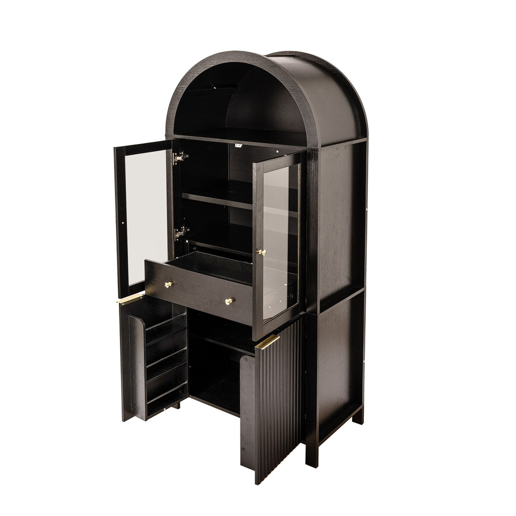 Fluted Tall Pantry Cabinet with Adjustable Shelves and Glass Doors