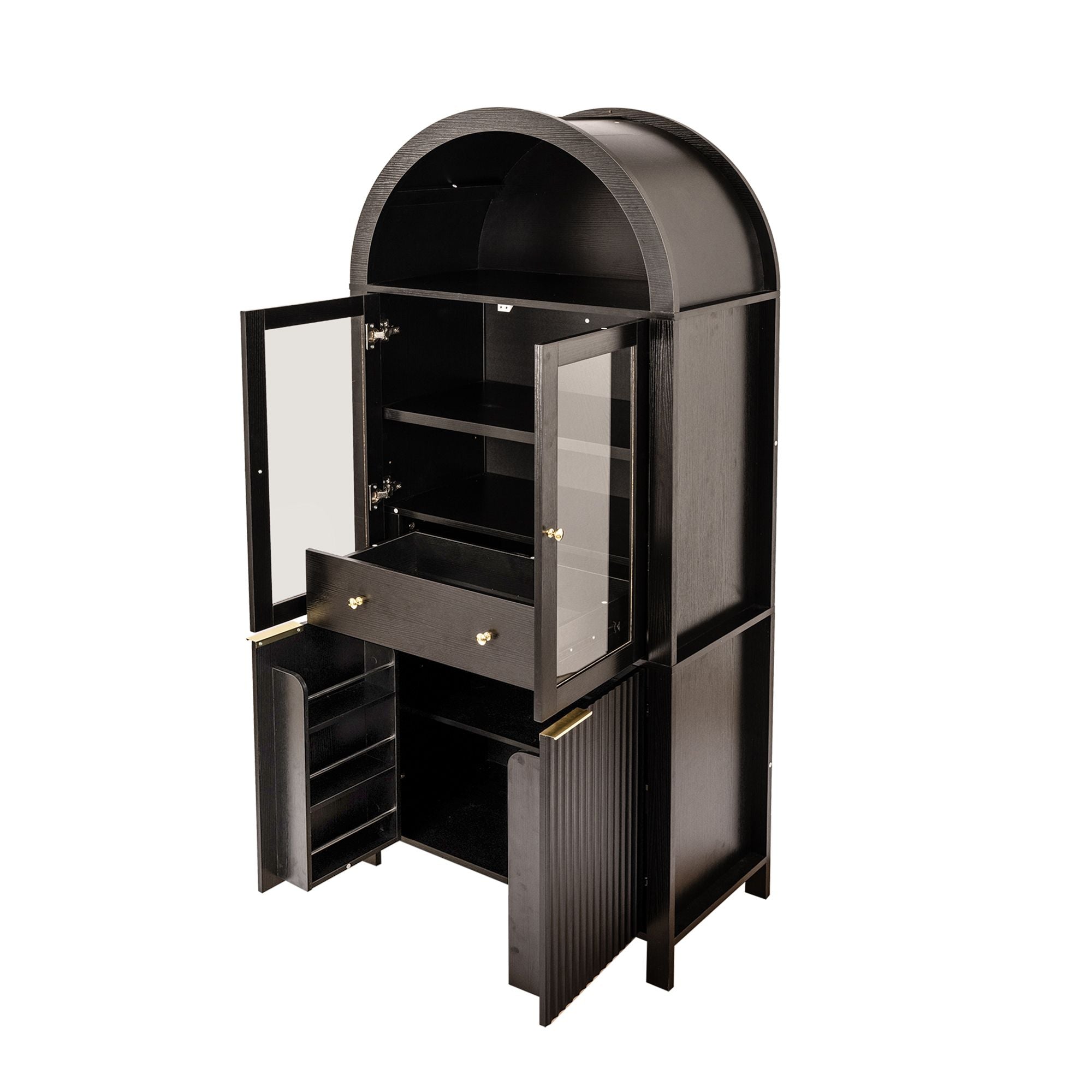 Fluted Tall Pantry Cabinet with Adjustable Shelves and Glass Doors