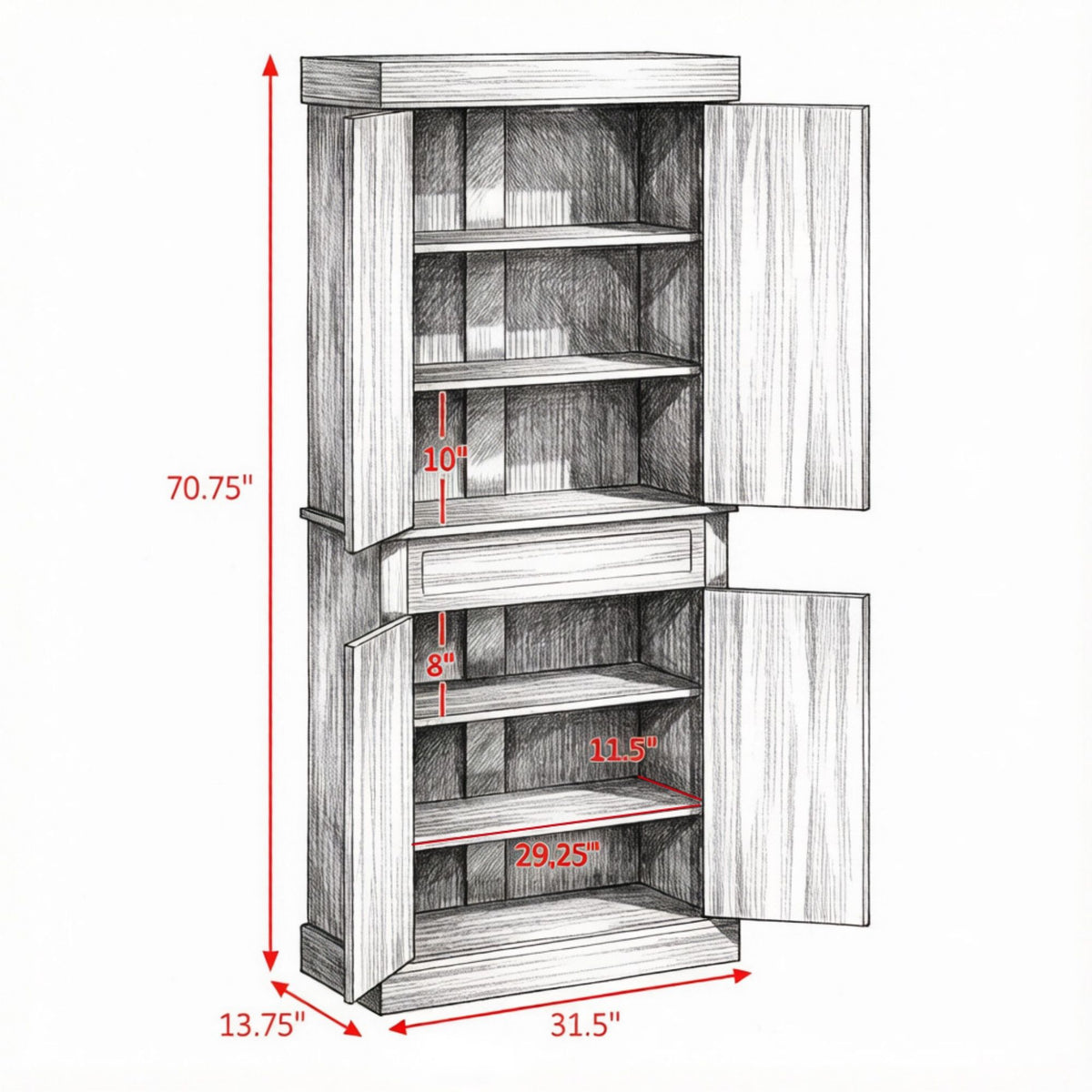 Freestanding Kitchen Pantry Cabinet with 4 Doors 2 Large Storage Cabinets And an