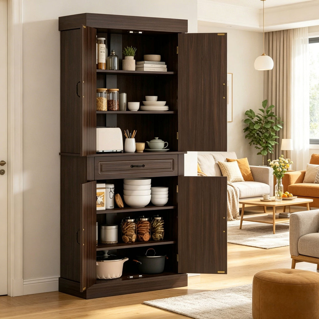 Freestanding Kitchen Pantry Cabinet with 4 Doors 2 Large Storage Cabinets And an