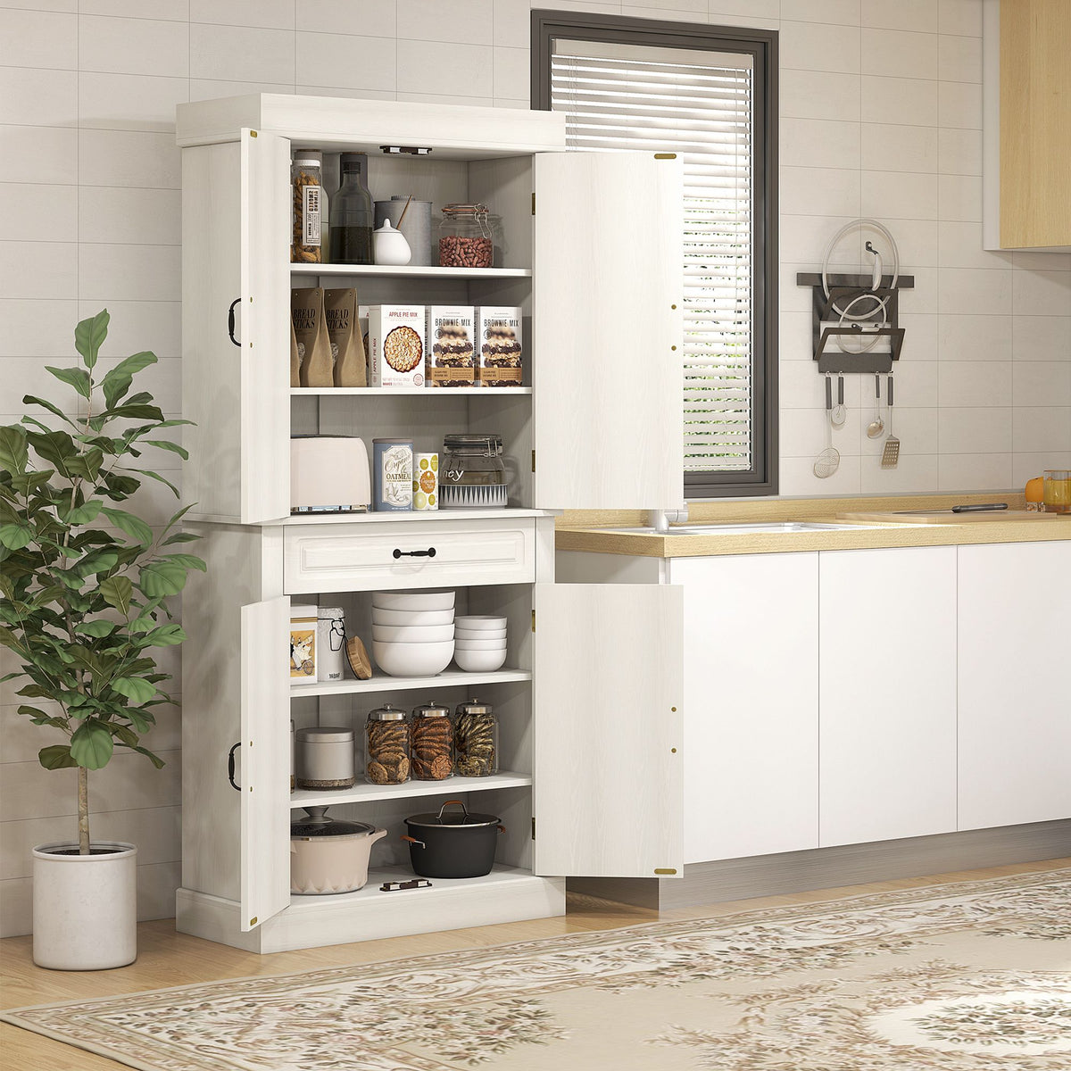 Distressed White Freestanding Pantry with Drawer and Cabinets