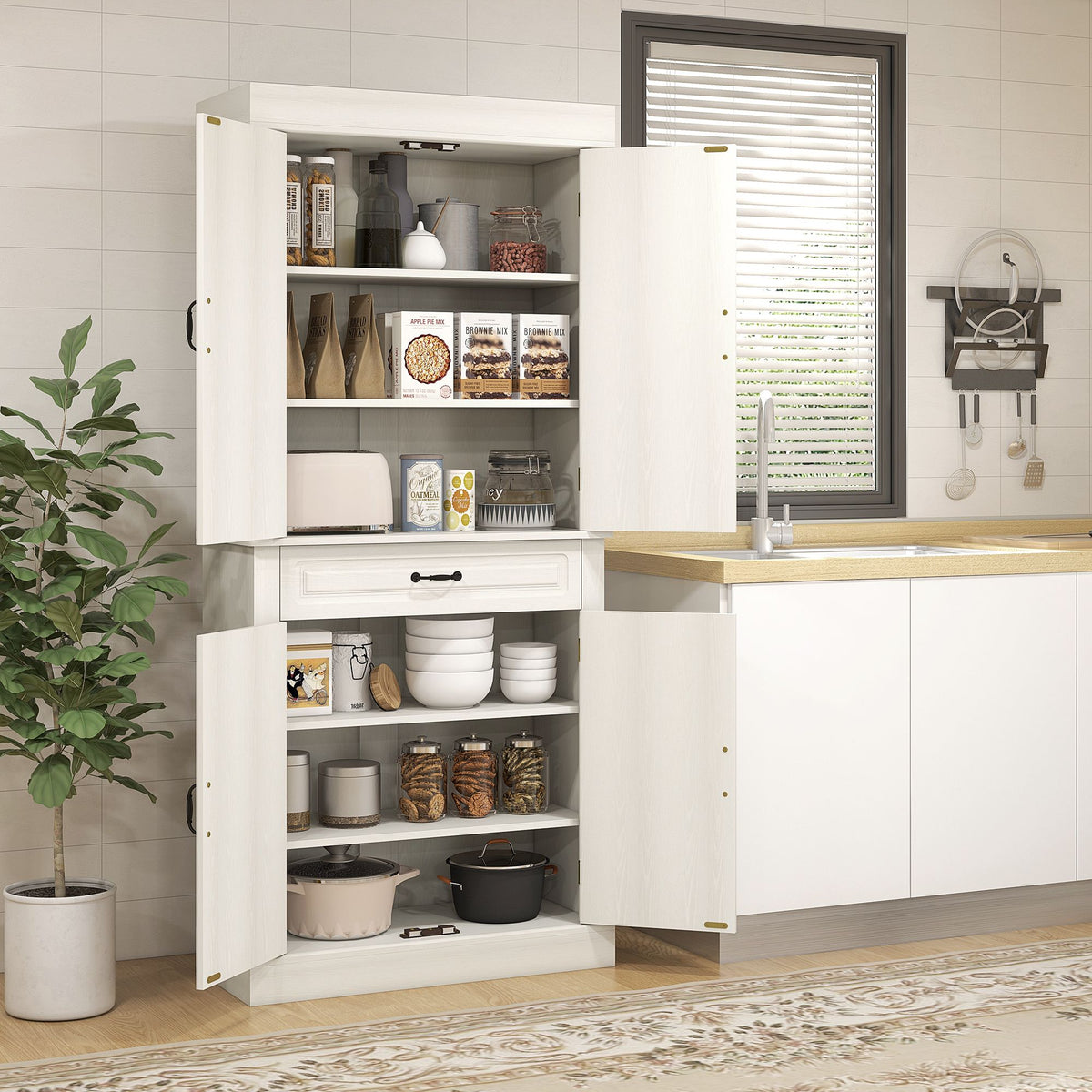 Distressed White Freestanding Pantry with Drawer and Cabinets