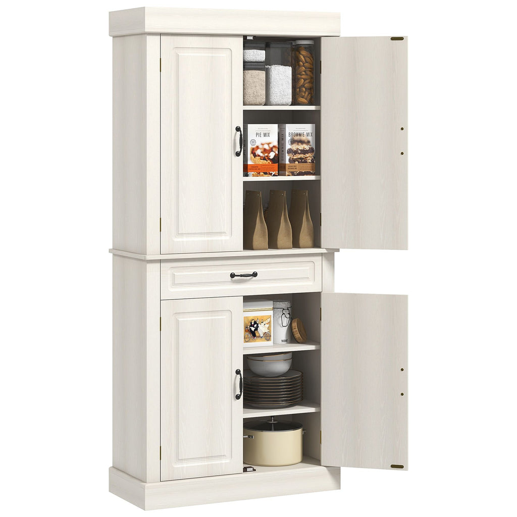 Distressed White Freestanding Pantry with Drawer and Cabinets