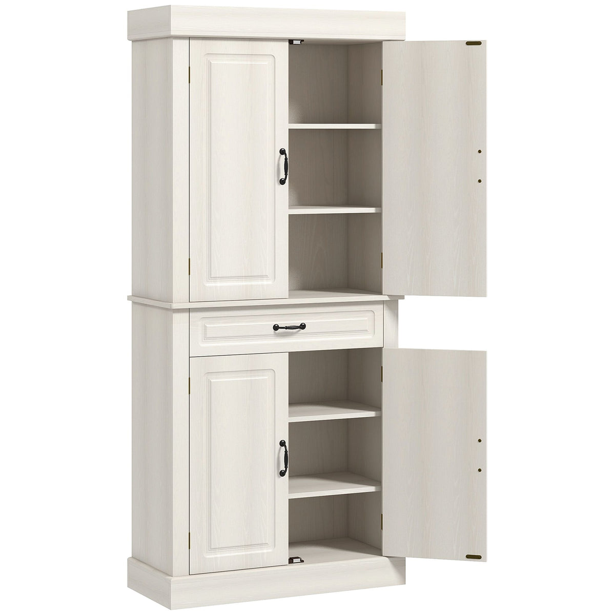 Distressed White Freestanding Pantry with Drawer and Cabinets