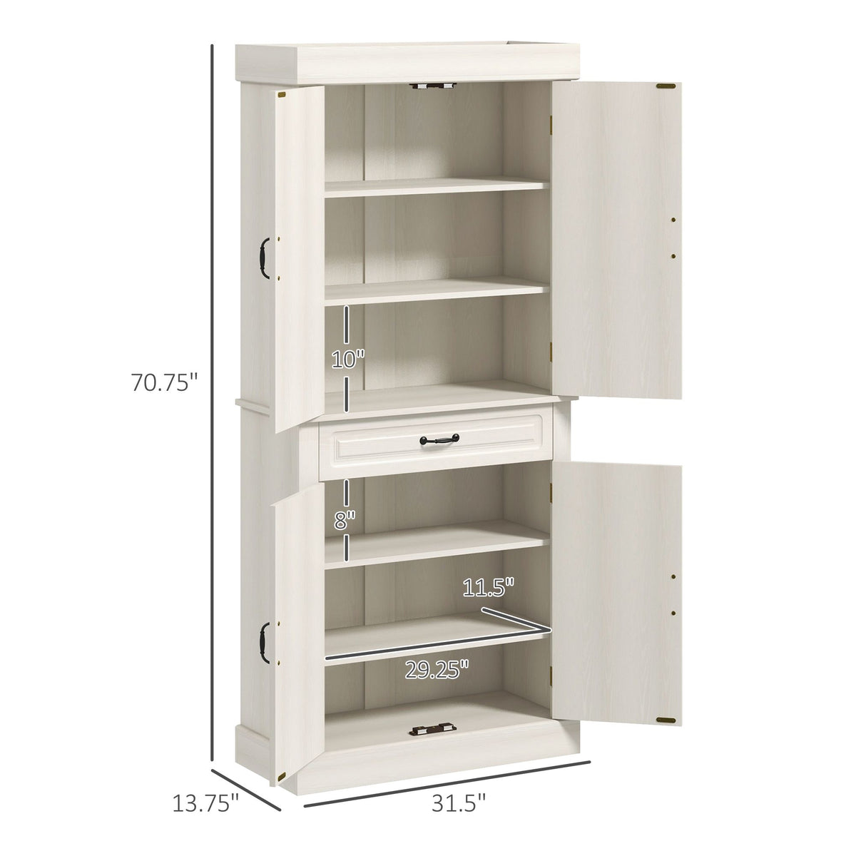 Distressed White Freestanding Pantry with Drawer and Cabinets