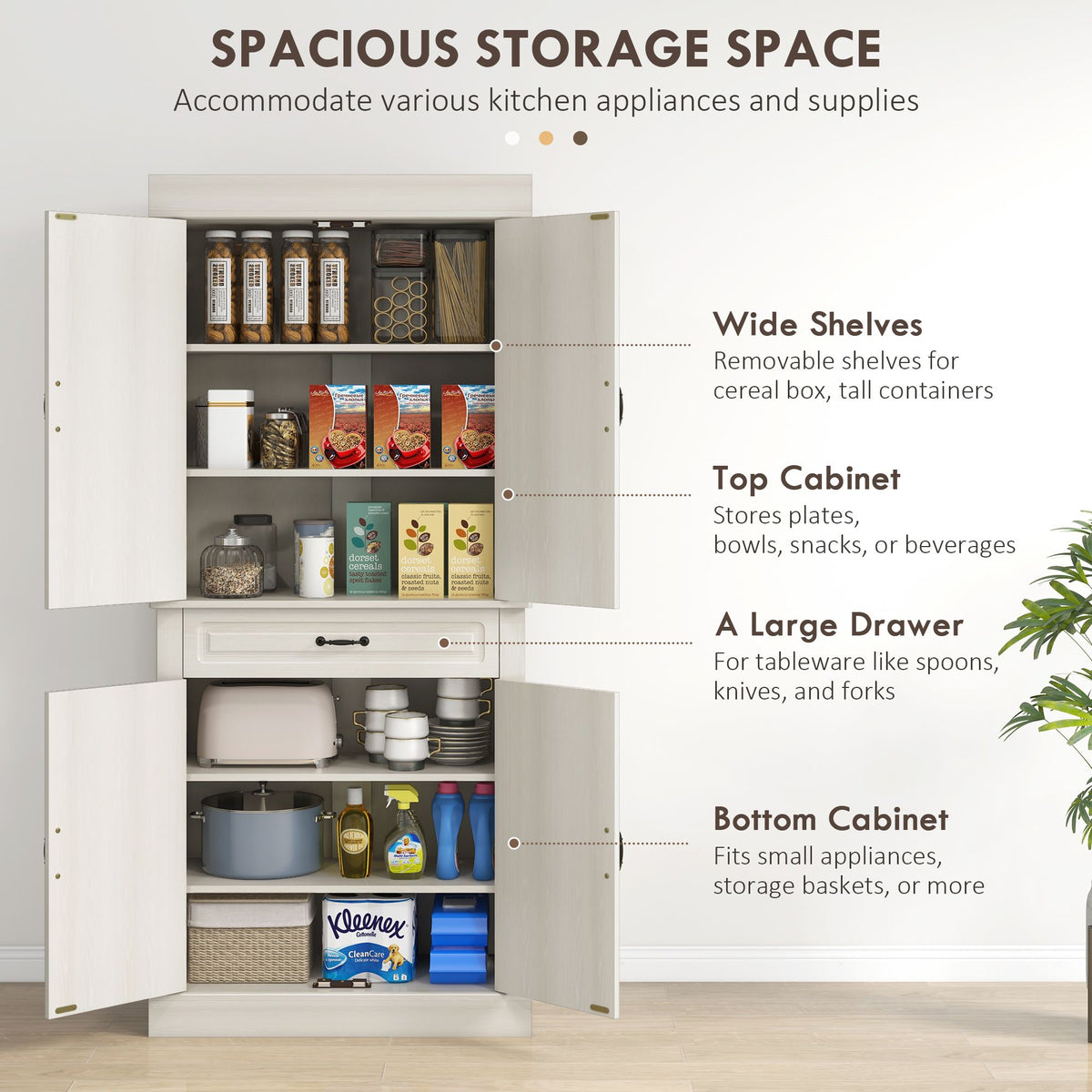 Distressed White Freestanding Pantry with Drawer and Cabinets