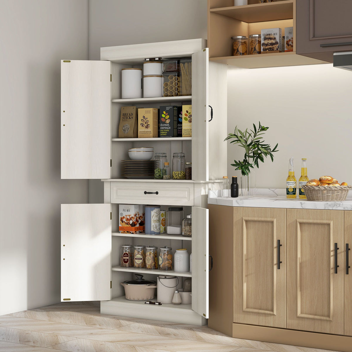 Distressed White Freestanding Pantry with Drawer and Cabinets
