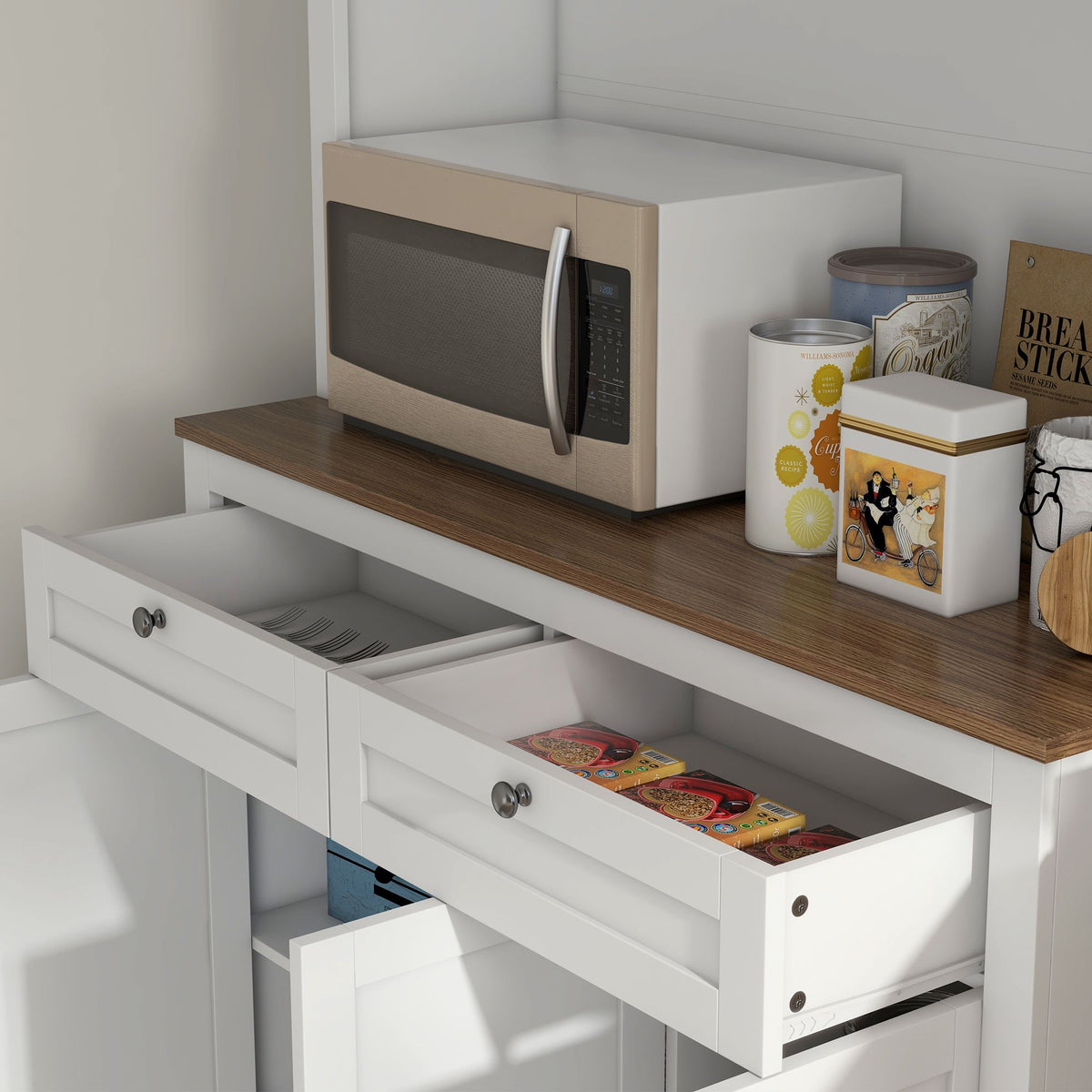 71 Kitchen Pantry Cabinet Microwave Stand 2 Drawers 4 Cabinets White