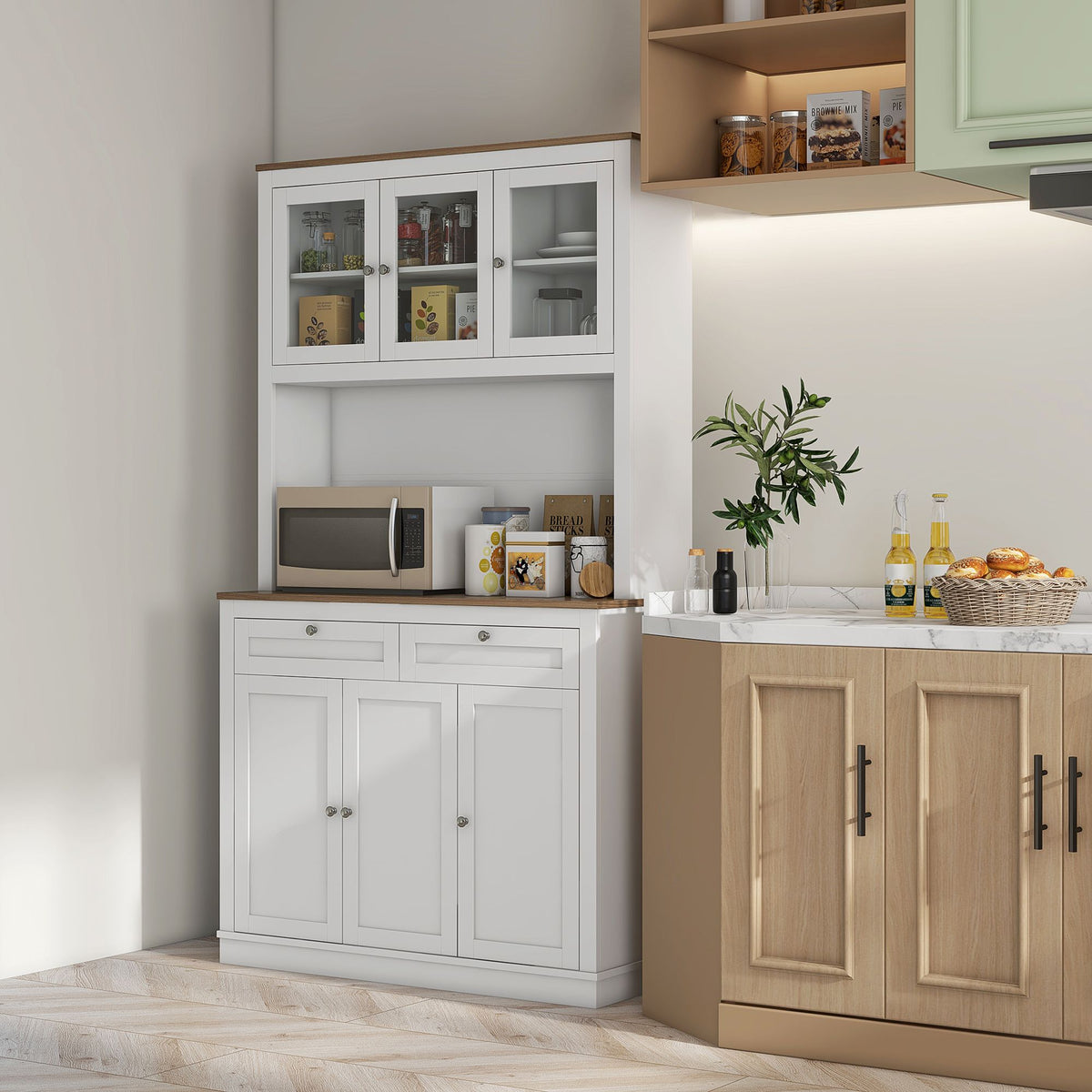 71 Kitchen Pantry Cabinet Microwave Stand 2 Drawers 4 Cabinets White
