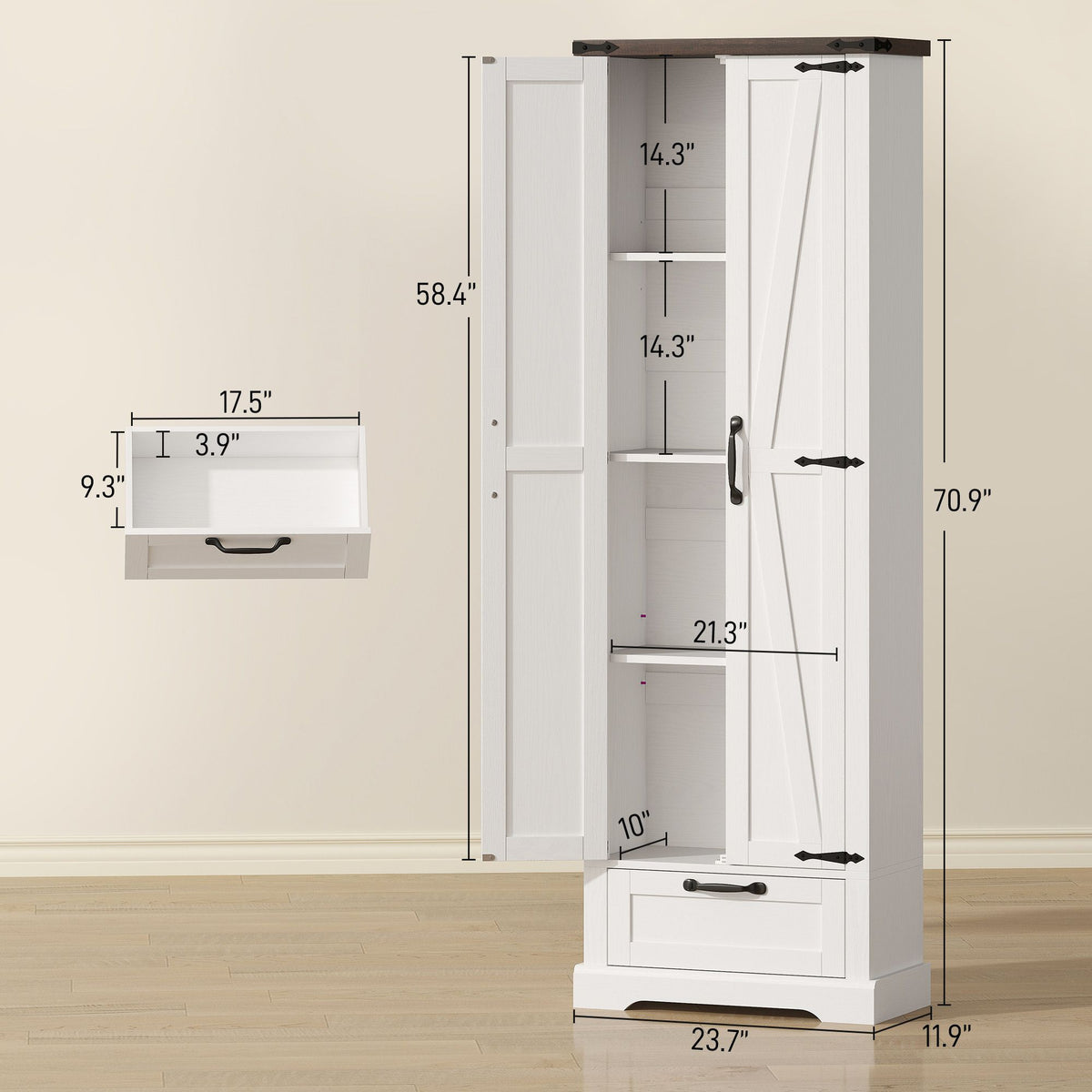 Country Pantry Cabinet with Barn Doors and Drawer
