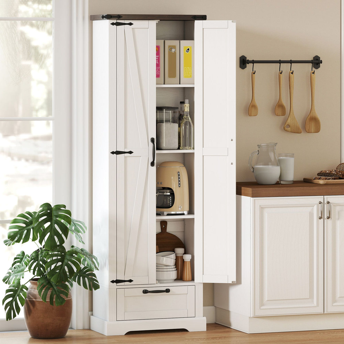 Country Pantry Cabinet with Barn Doors and Drawer
