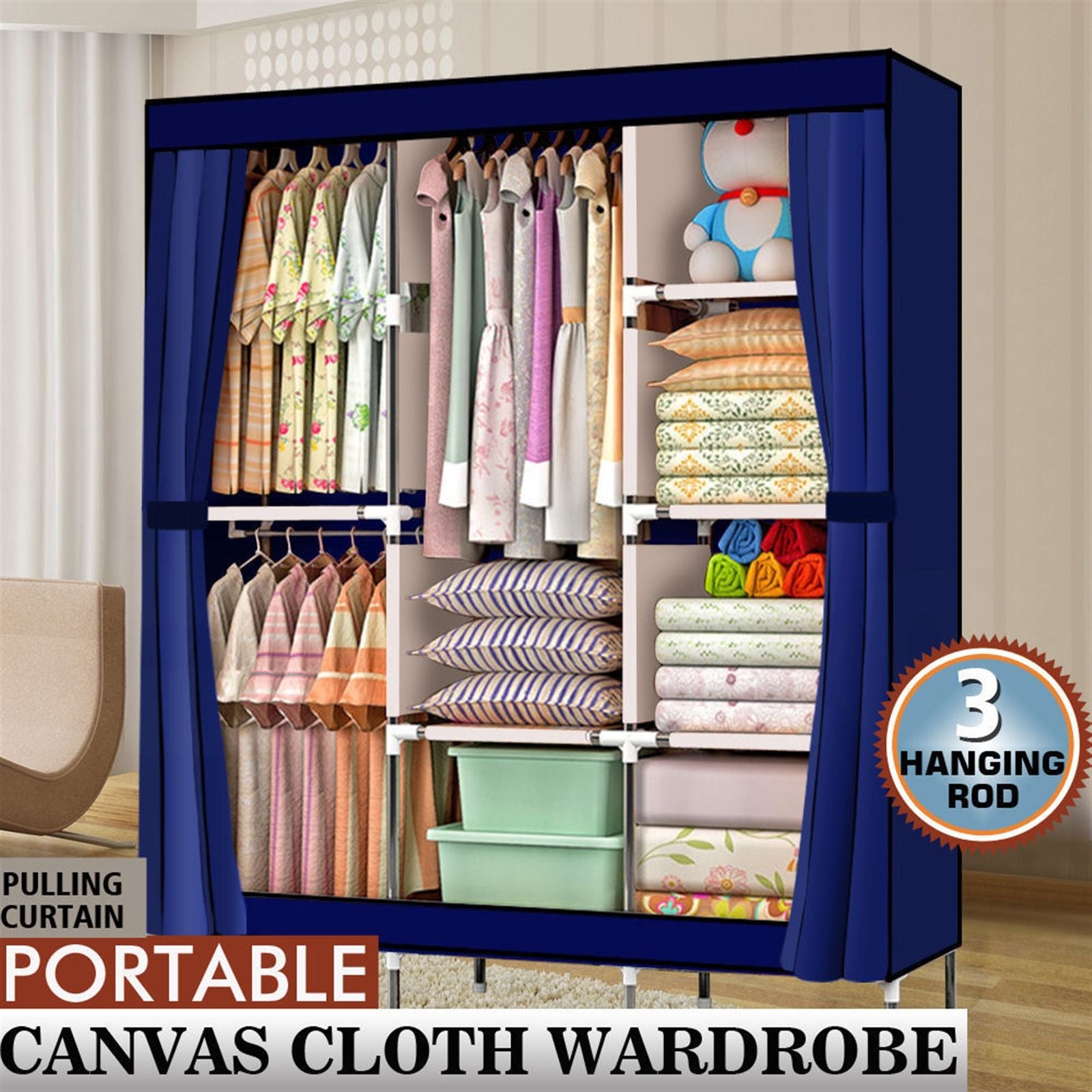 Portable Closet Wardrobe with Zippered Dustproof Cover and Moveable Hanging Rod