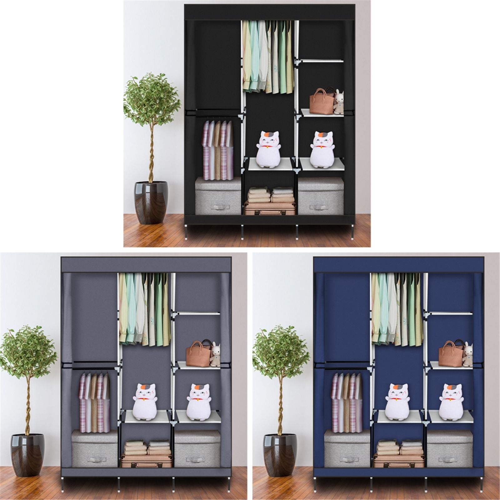 Portable Closet Wardrobe with Zippered Dustproof Cover and Moveable Hanging Rod