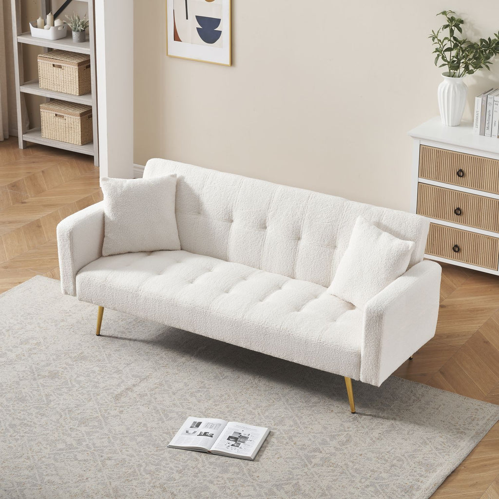 Beige Teddy Fleece Sofa Bed with Throw Pillows