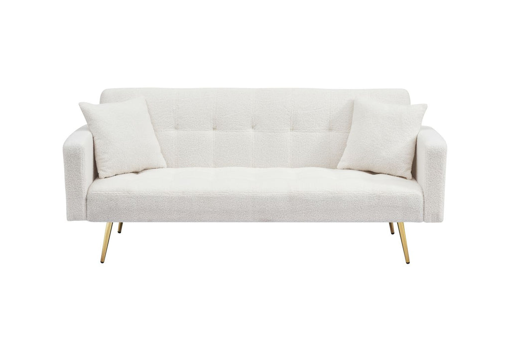 Beige Teddy Fleece Sofa Bed with Throw Pillows