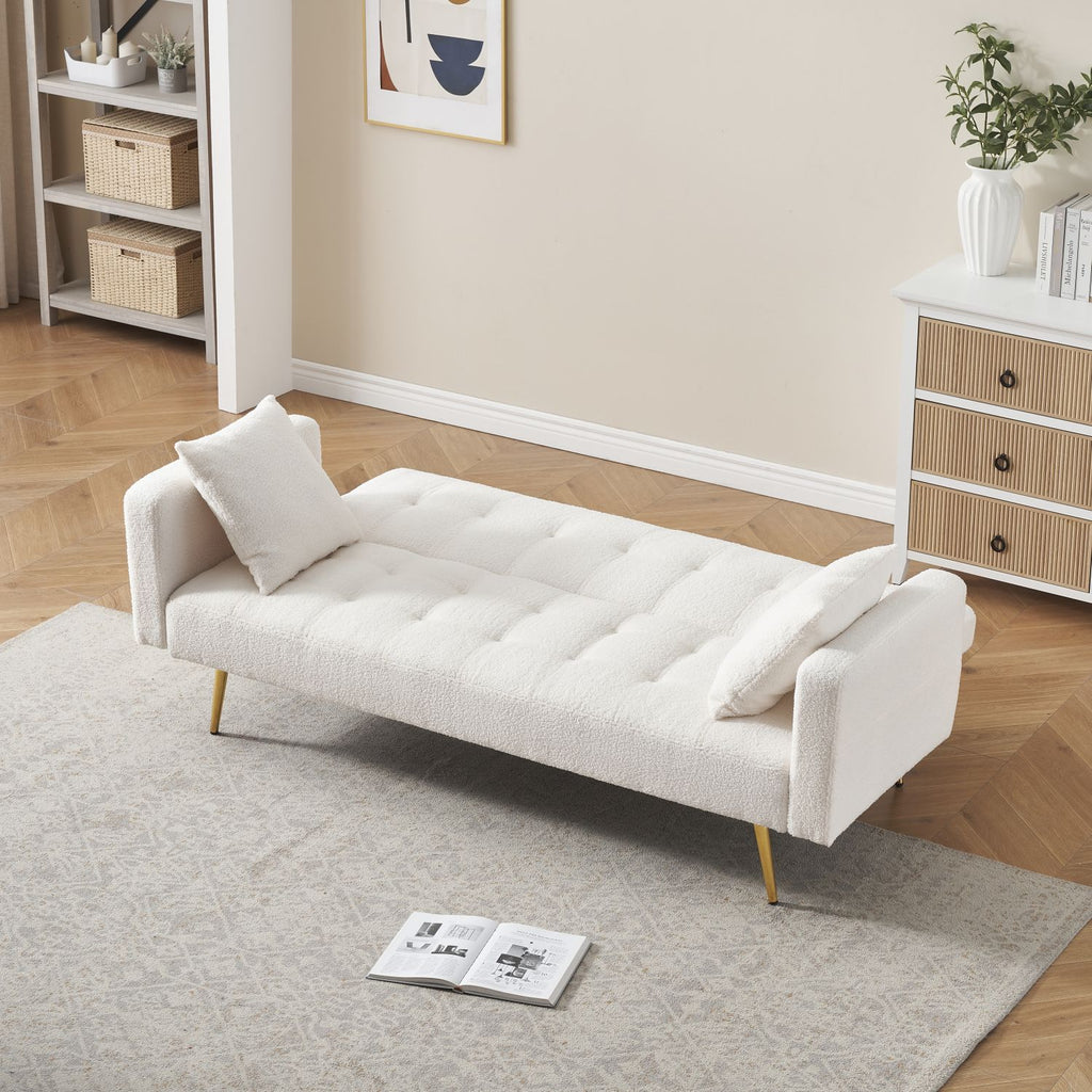 Beige Teddy Fleece Sofa Bed with Throw Pillows