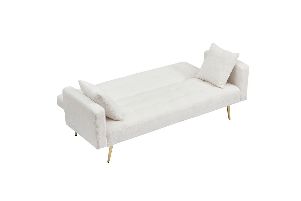 Beige Teddy Fleece Sofa Bed with Throw Pillows