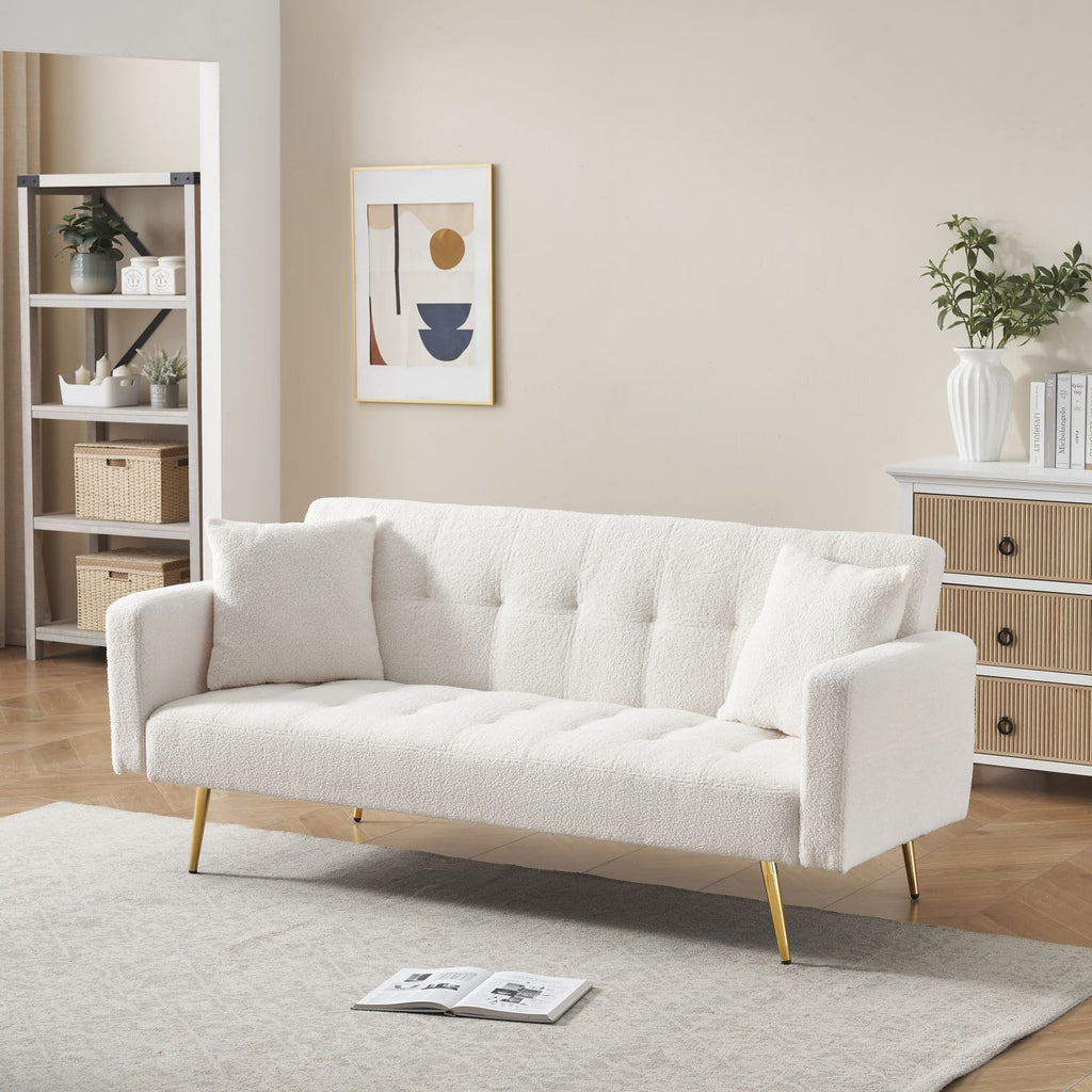 Beige Teddy Fleece Sofa Bed with Throw Pillows