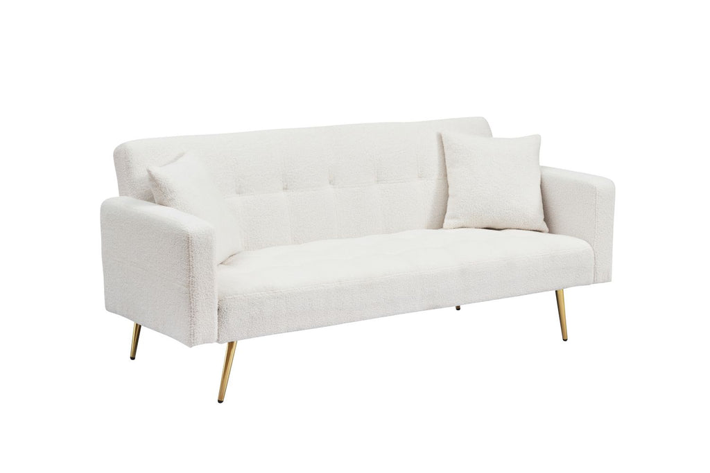 Beige Teddy Fleece Sofa Bed with Throw Pillows