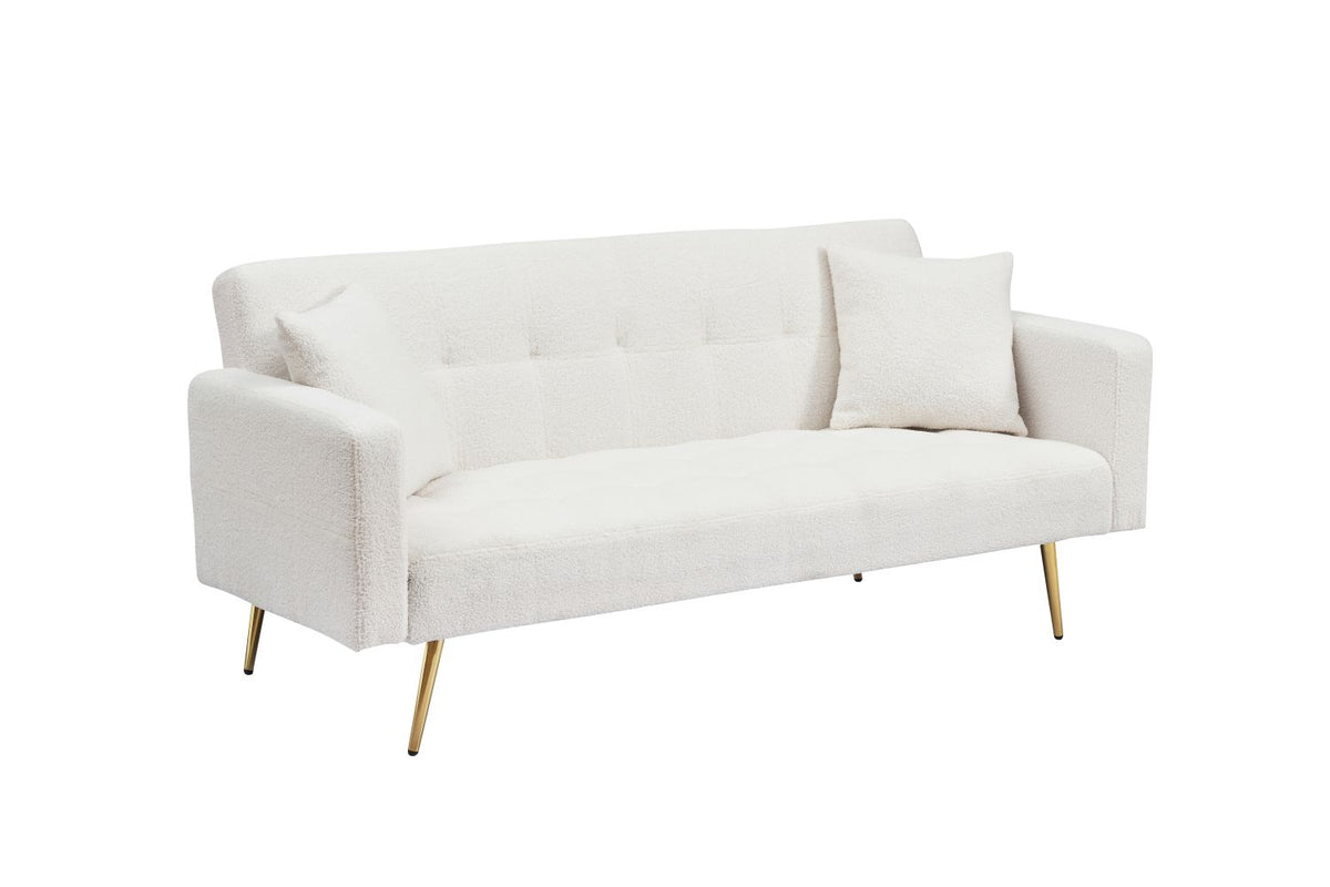 Beige Teddy Fleece Sofa Bed with Throw Pillows