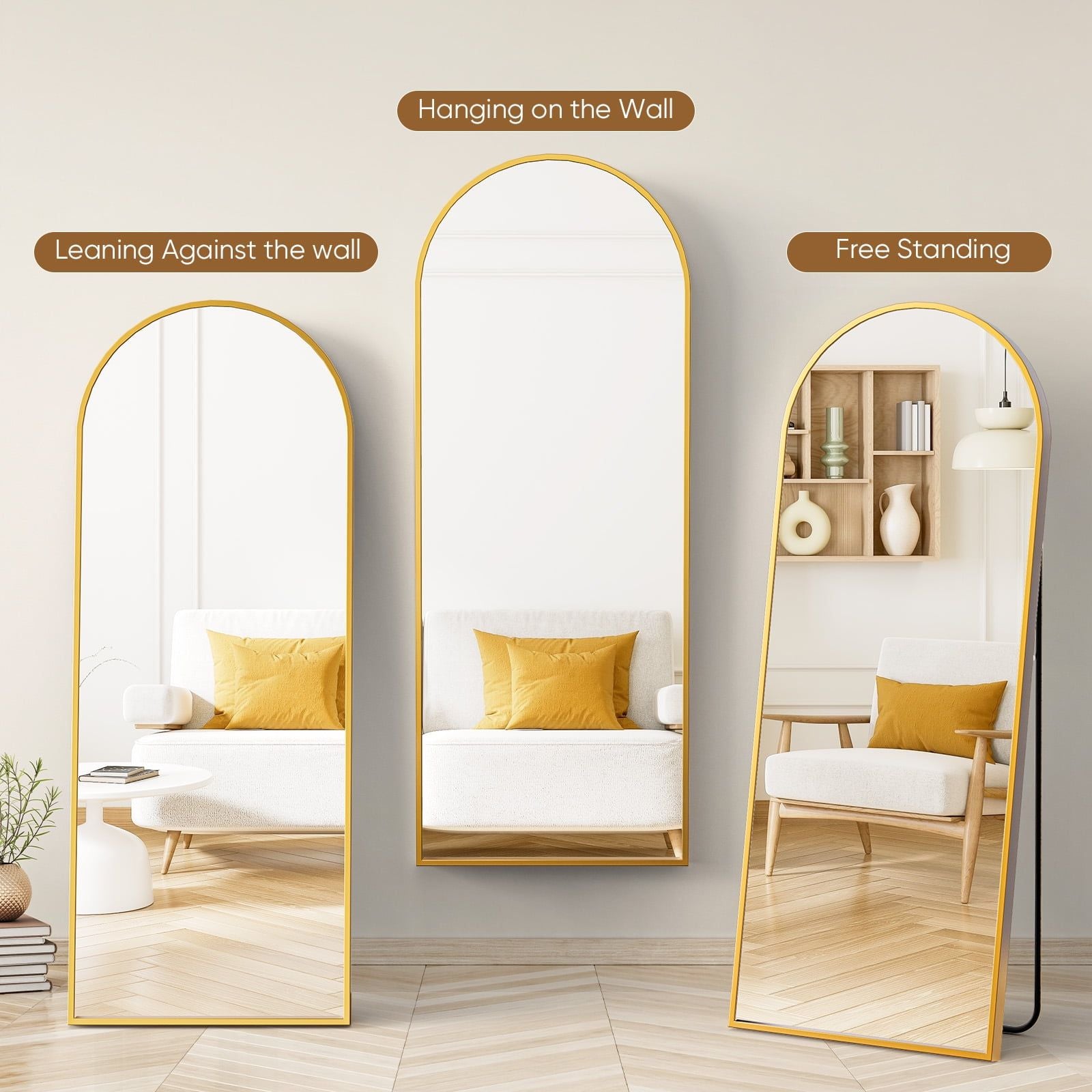 Arched Full Length Mirror with Elegant Gold Finish – Versatile Standing or Hanging Mirror