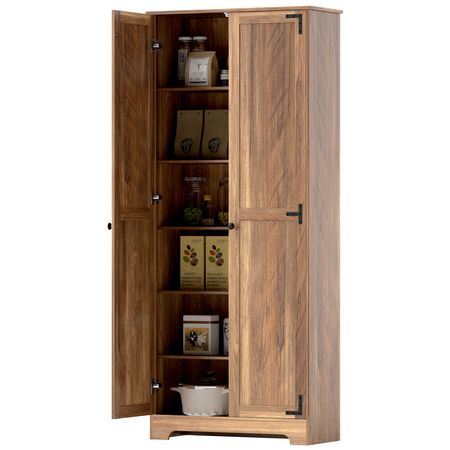 Brown Farmhouse Pantry Cabinet with Adjustable Shelves