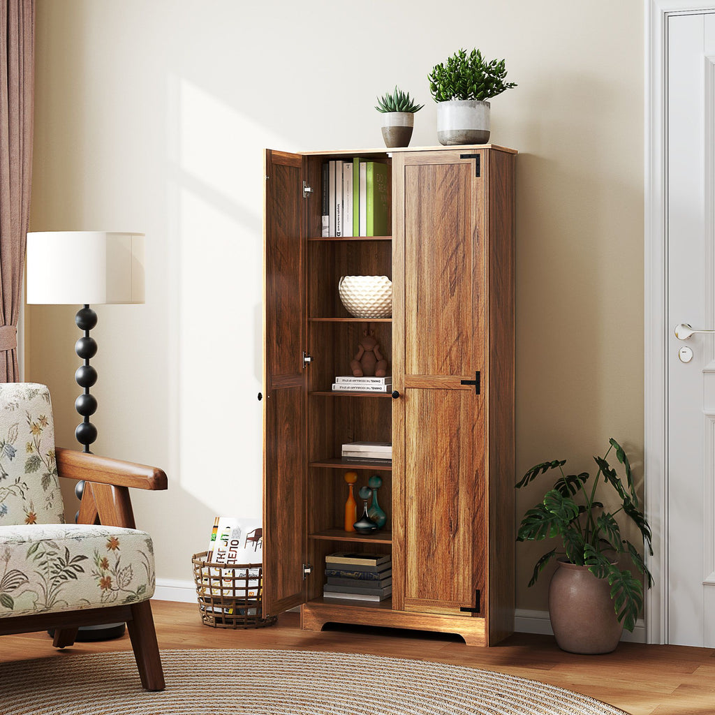 Brown Farmhouse Pantry Cabinet with Adjustable Shelves