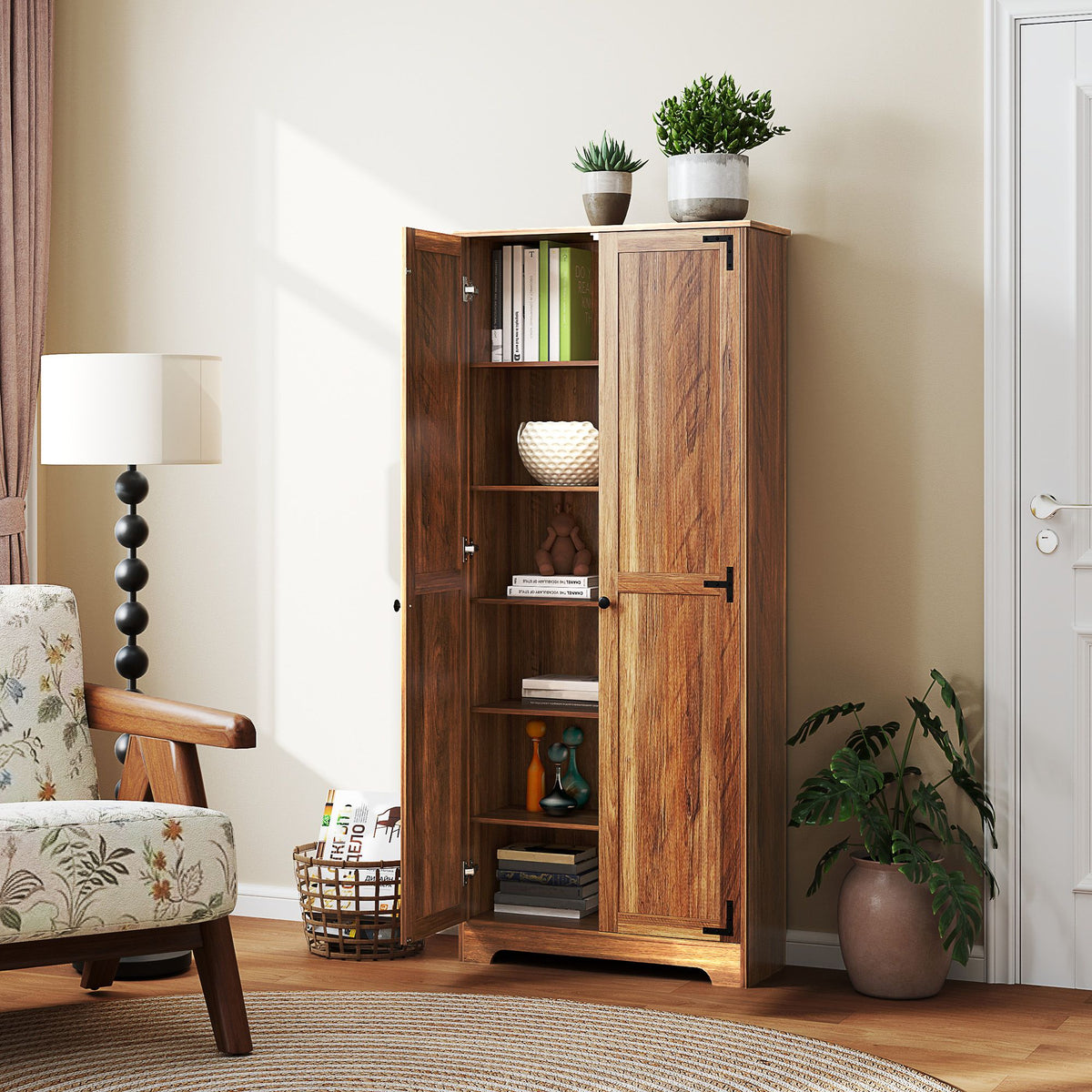 Brown Farmhouse Pantry Cabinet with Adjustable Shelves