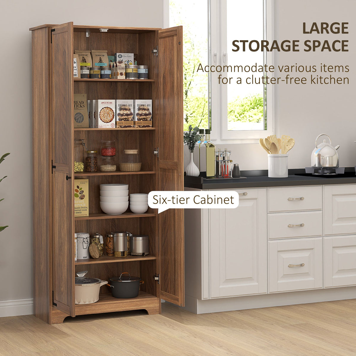 Brown Farmhouse Pantry Cabinet with Adjustable Shelves