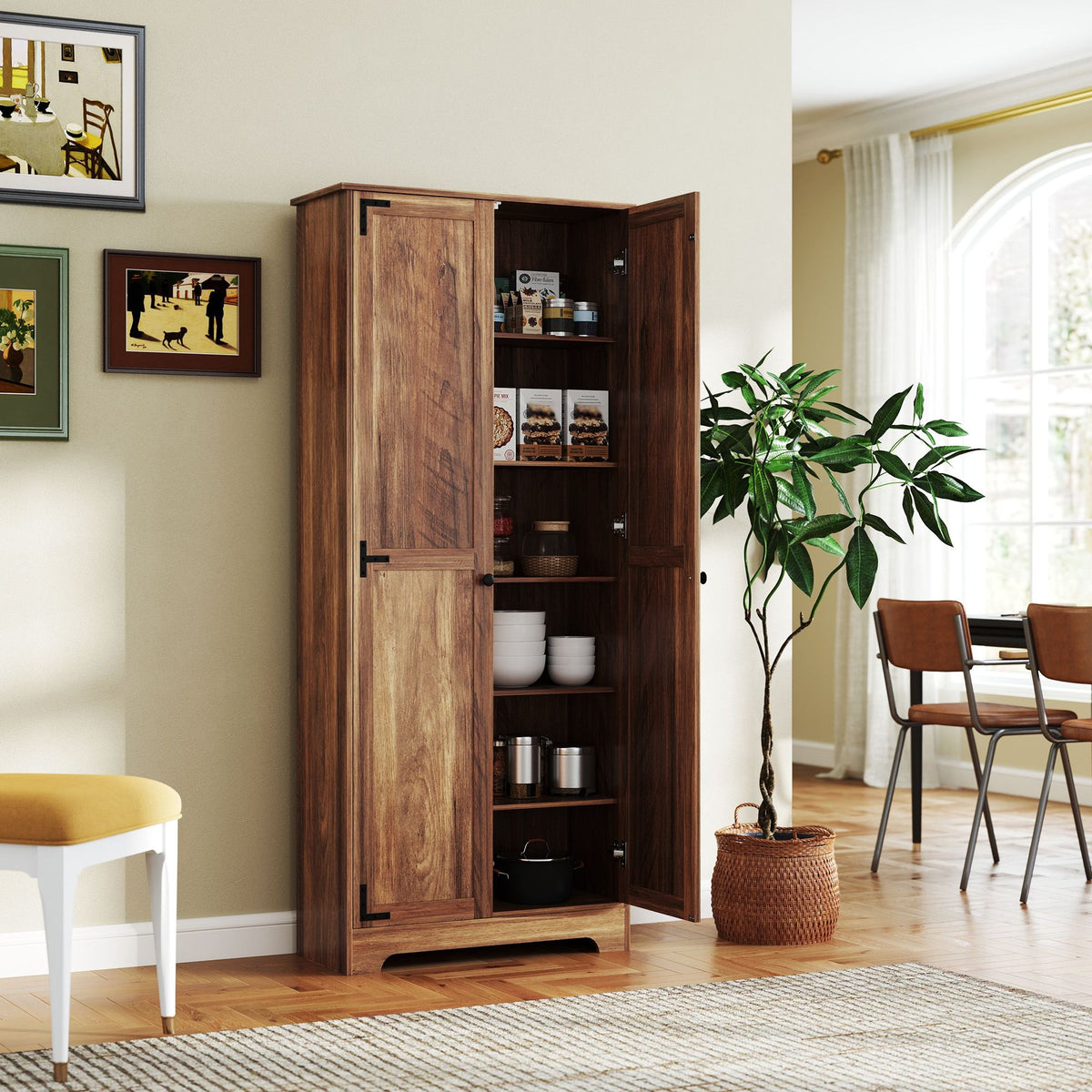 Brown Farmhouse Pantry Cabinet with Adjustable Shelves