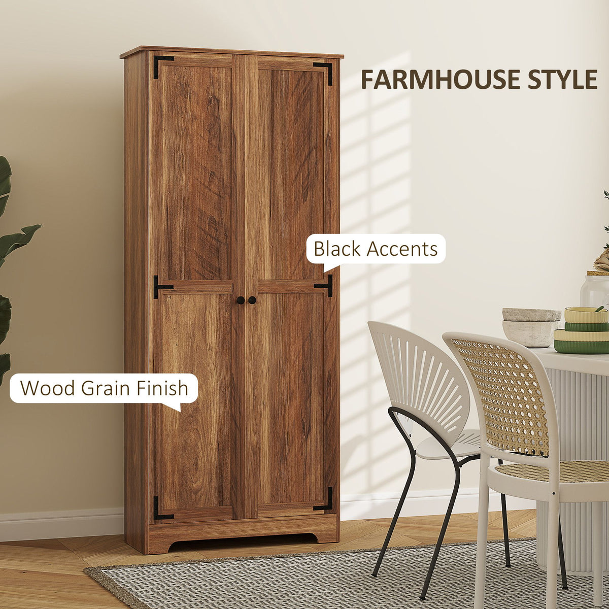 Brown Farmhouse Pantry Cabinet with Adjustable Shelves