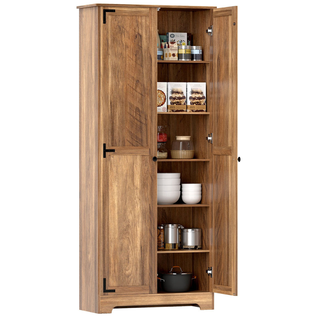 Brown Farmhouse Pantry Cabinet with Adjustable Shelves