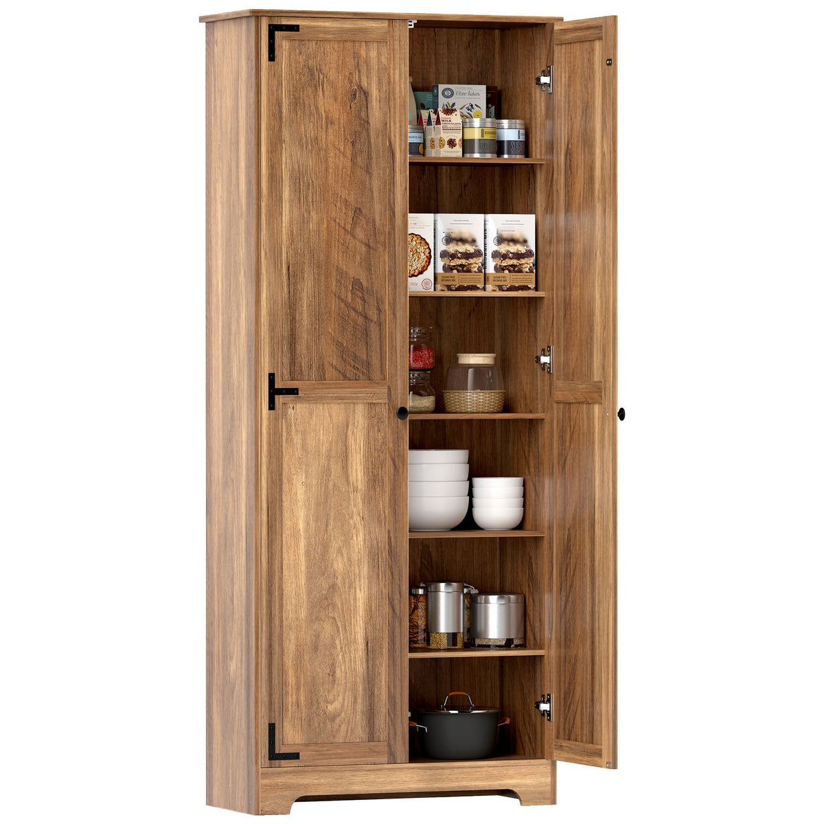 Brown Farmhouse Pantry Cabinet with Adjustable Shelves