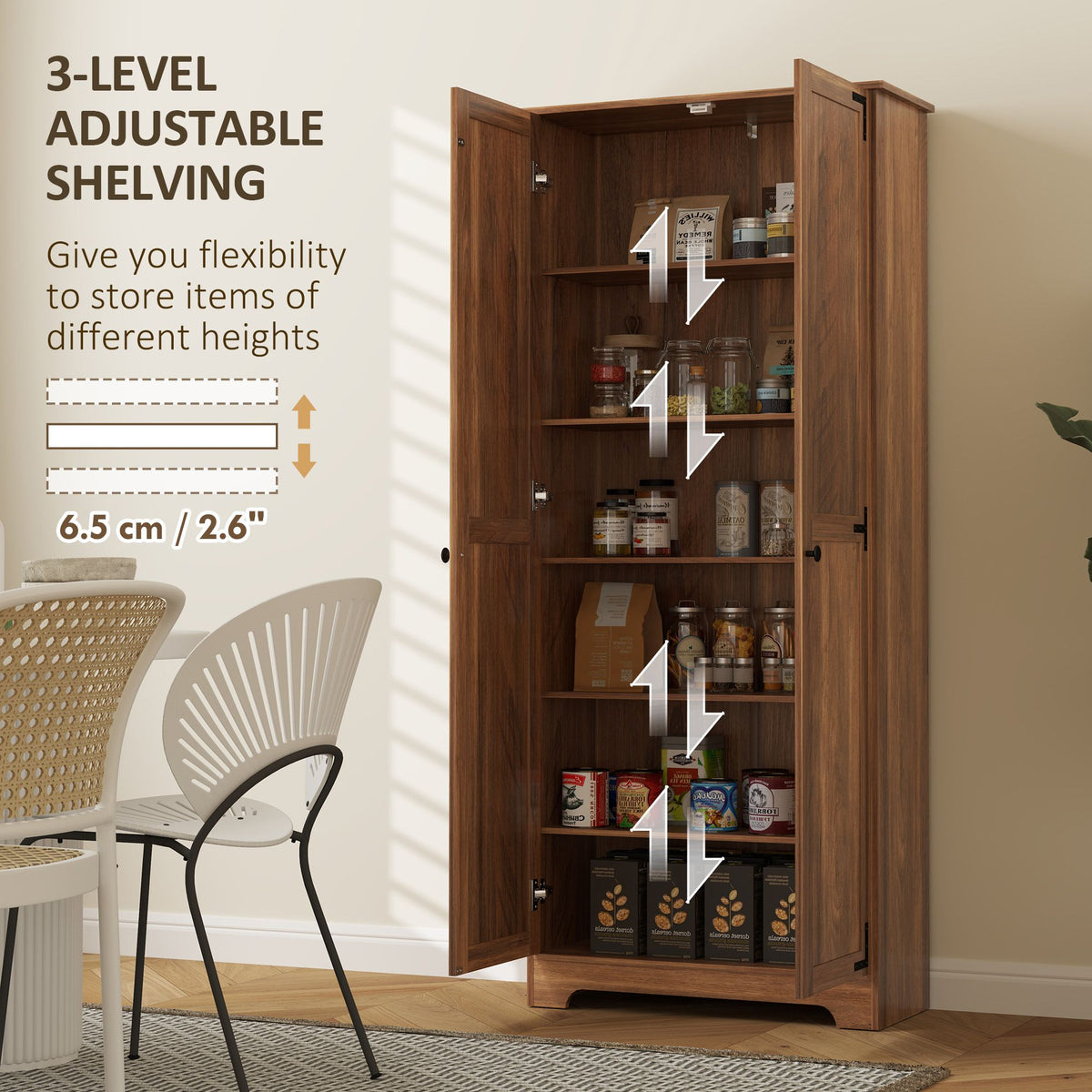 Brown Farmhouse Pantry Cabinet with Adjustable Shelves