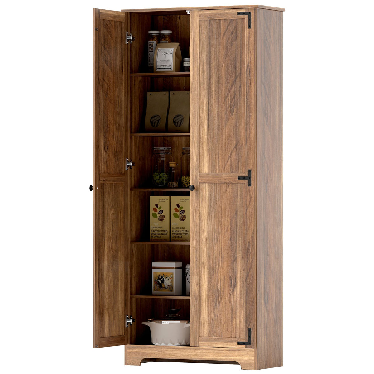 Brown Farmhouse Pantry Cabinet with Adjustable Shelves