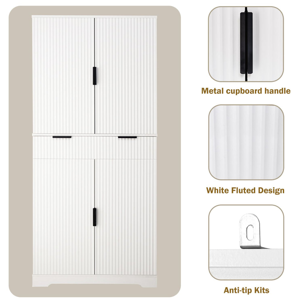 Fluted Freestanding Pantry with Drawers and Door Shelves